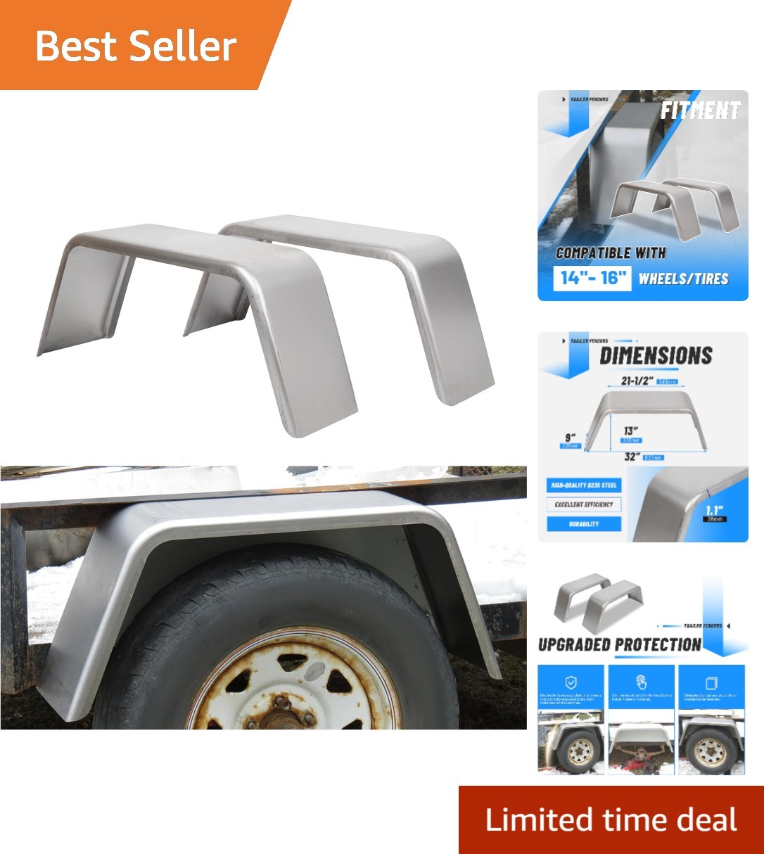 Protective Square Trailer Fenders for 14″-16″ Wheels – 1 Pair, Silver Finish
