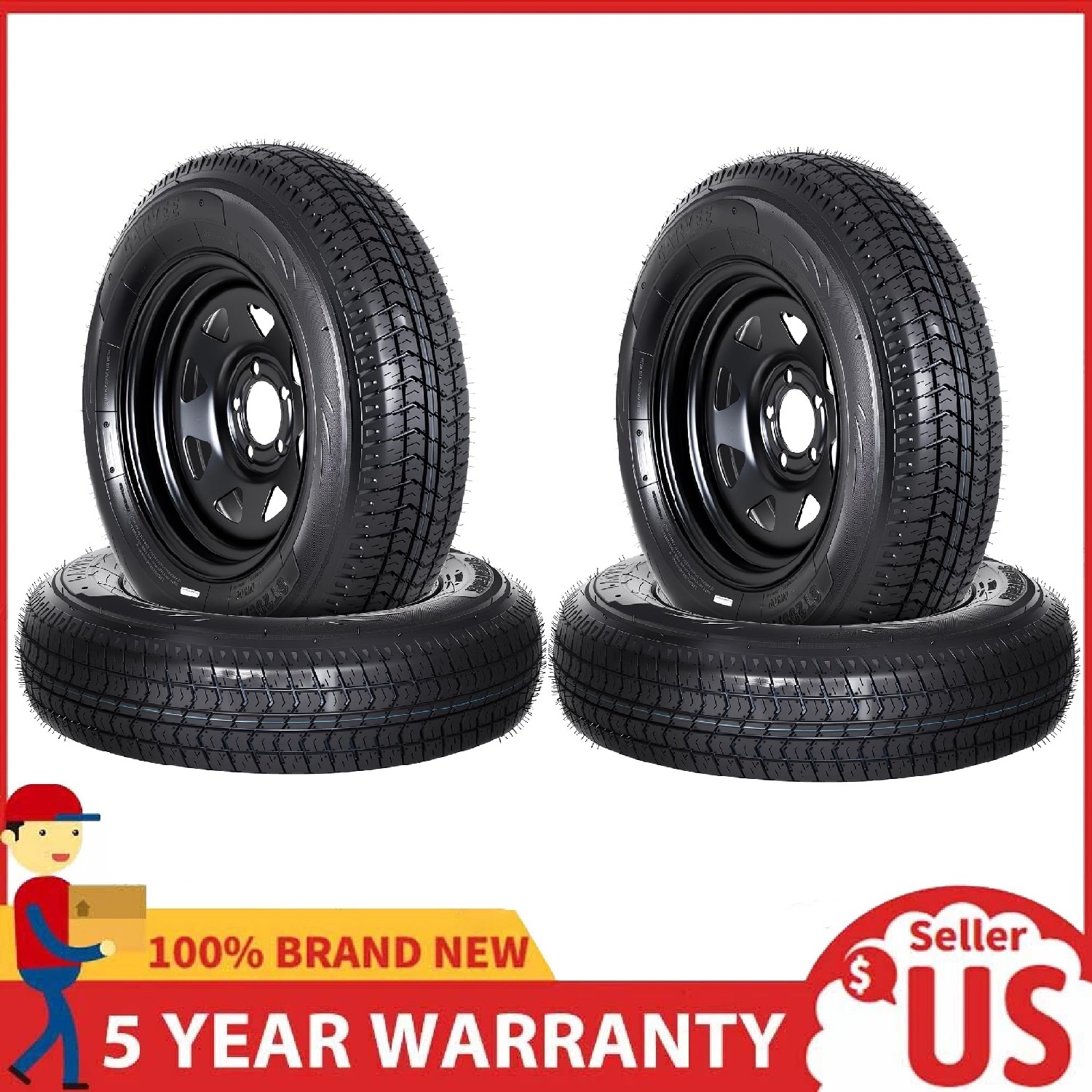 4-Pack Trailer Tire Rims ST205/75D15 ,6-Ply Black Wheels Load Range C 5 Lug 4.5″