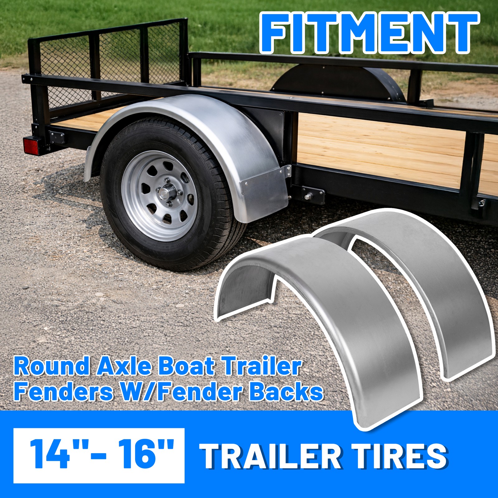 1 Pair of Round Trailer Fenders 14″-16″ wheels & Fender backs 32” x 9” x 15”