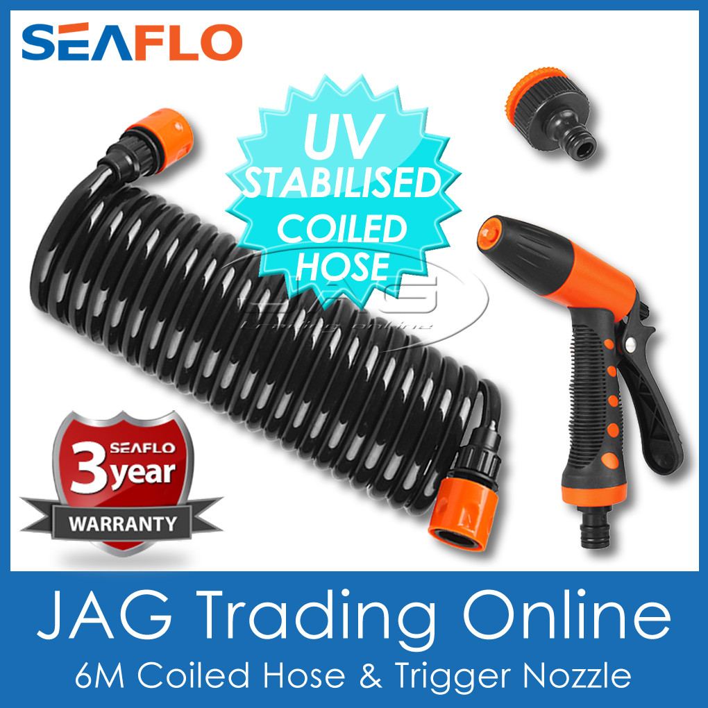 SEAFLO HOSECOIL DECK WASH COILED HOSE, SPRAY NOZZLE & ADAPTOR – Boat/Marine/Coil