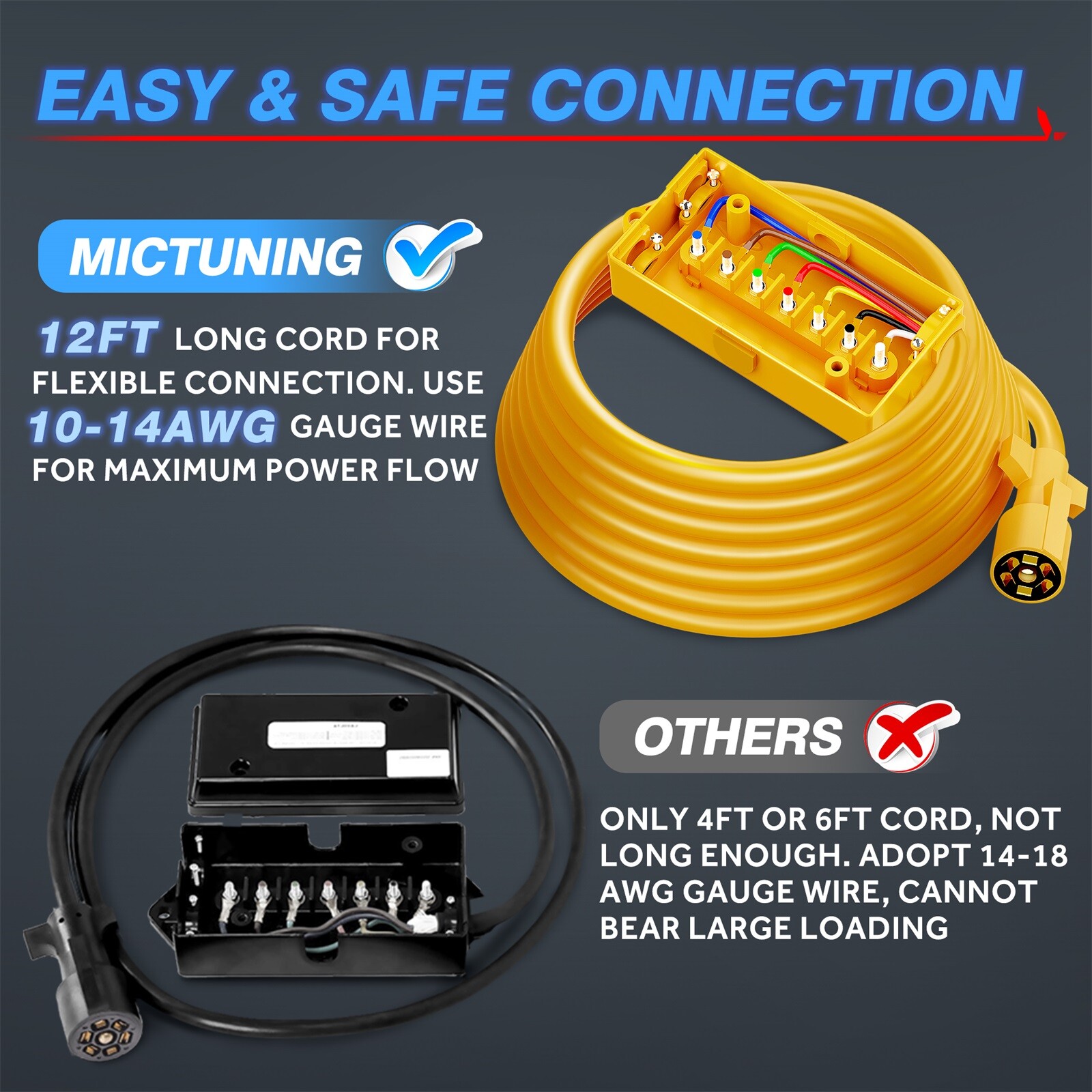 Heavy Duty 7 Way 12 Feet Trailer Cord, Include 12V Breakaway Switch and Plug Kit