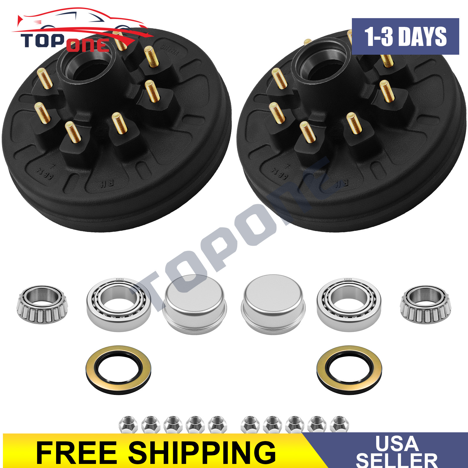 Pair 12″X2″ Trailer Brake Hub Drum Kit 8 on 6.5″ BC for 7000 lbs axle – 22004K