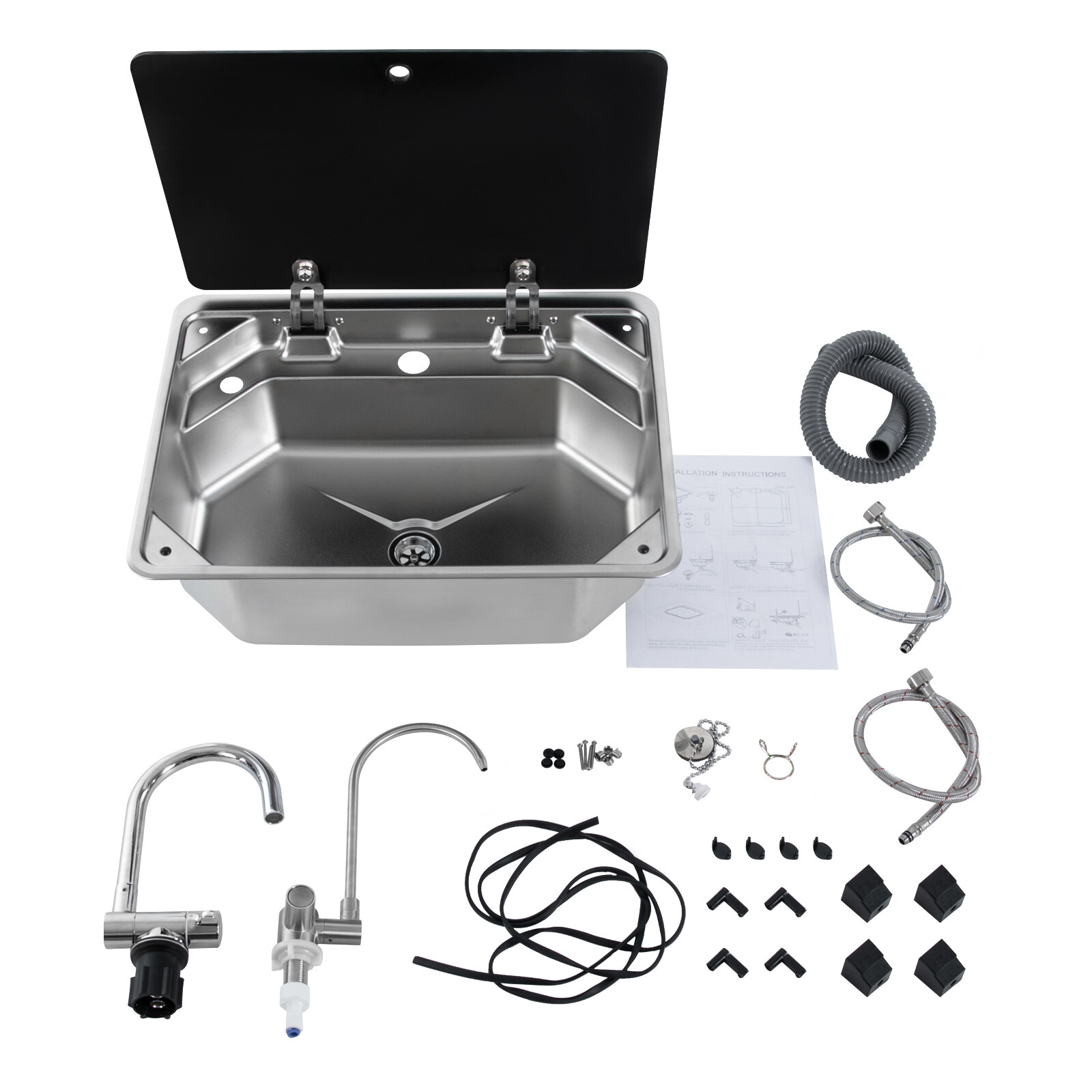 RV Sink Kitchen Sink with Hot&Cold Faucet and Tempered Glass Lid Stainless Steel