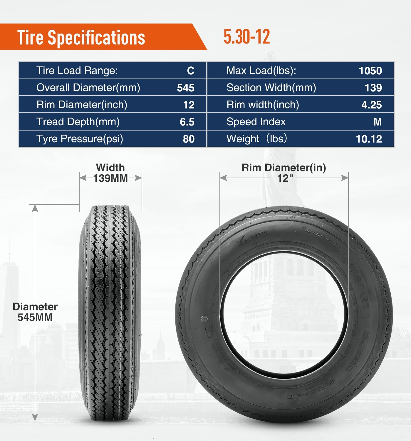 Set 4 Heavy Duty 5.30-12 Trailer Tires 6Ply 5.30×12 530-12 Tubeless Replacement