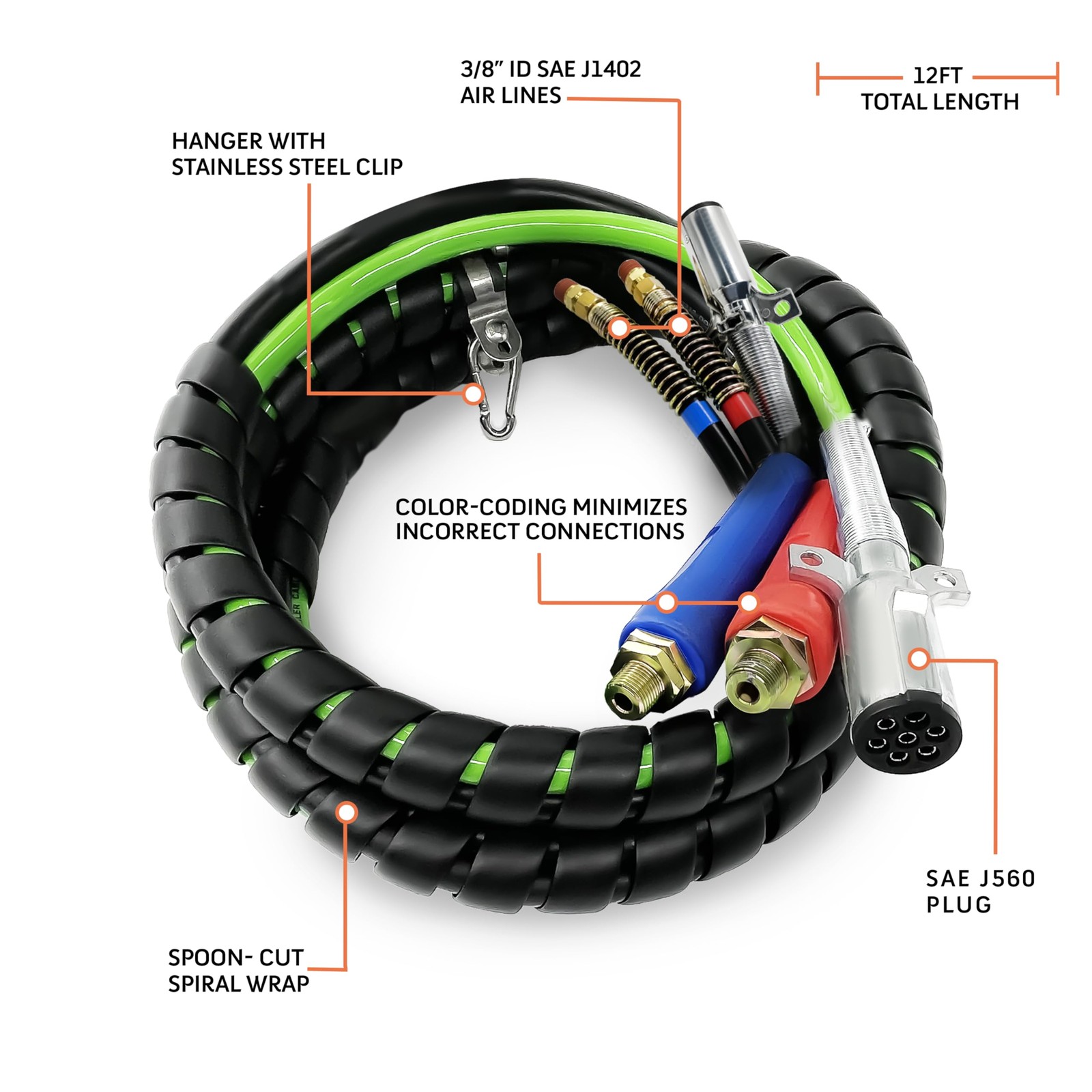 3 in 1 12ft ABS & Air Line Hose Wrap 7 Way Electrical Cable Semi Truck Trailer