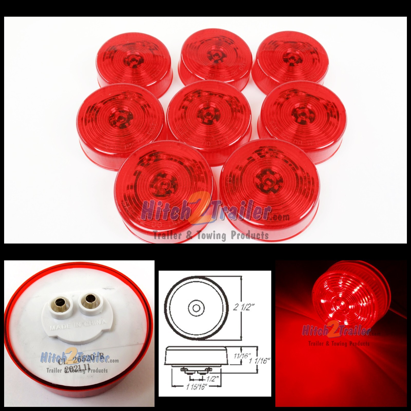 (8) RED 12 LED Light Trailer 2-1/2″ round, Clearance marker 2.5″ Lights only