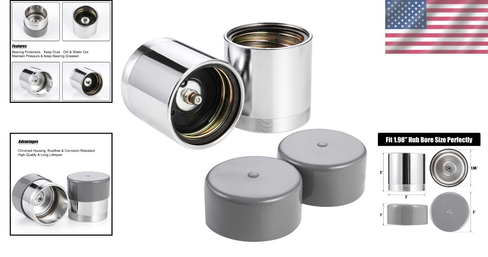 Rust-Free 1.98 Inch Bearing Protectors with Protective Bras, 2 Pack for Trailers