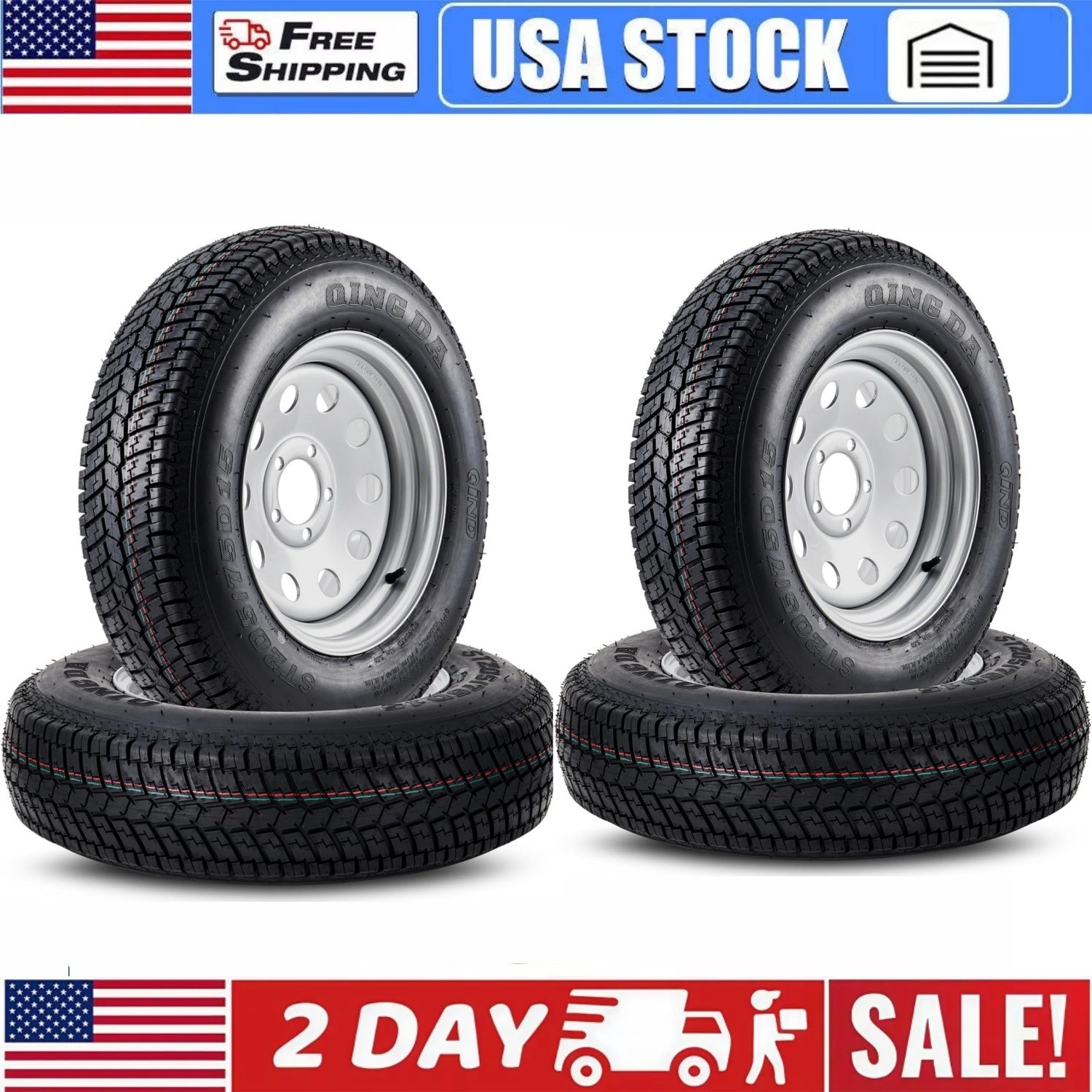 🔥4-Pack Trailer Tires On 15″ Rims ST205/75D15 5 Lug on 4.5″ Load Range C 6PR