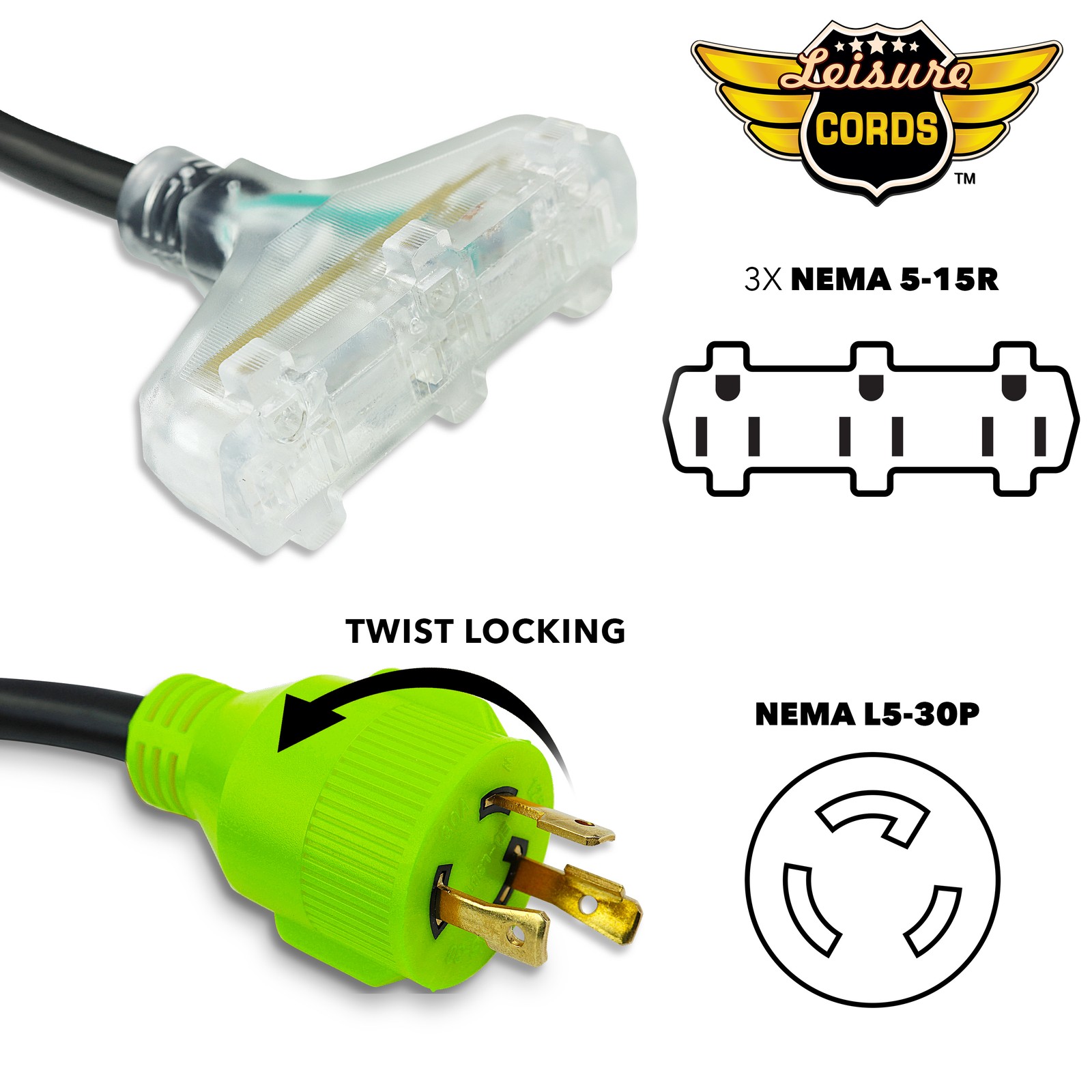 Generator Adapter Cord 18″ 3 Prong Power Cable 10/4 Tri 15 Amp Adapter Plug