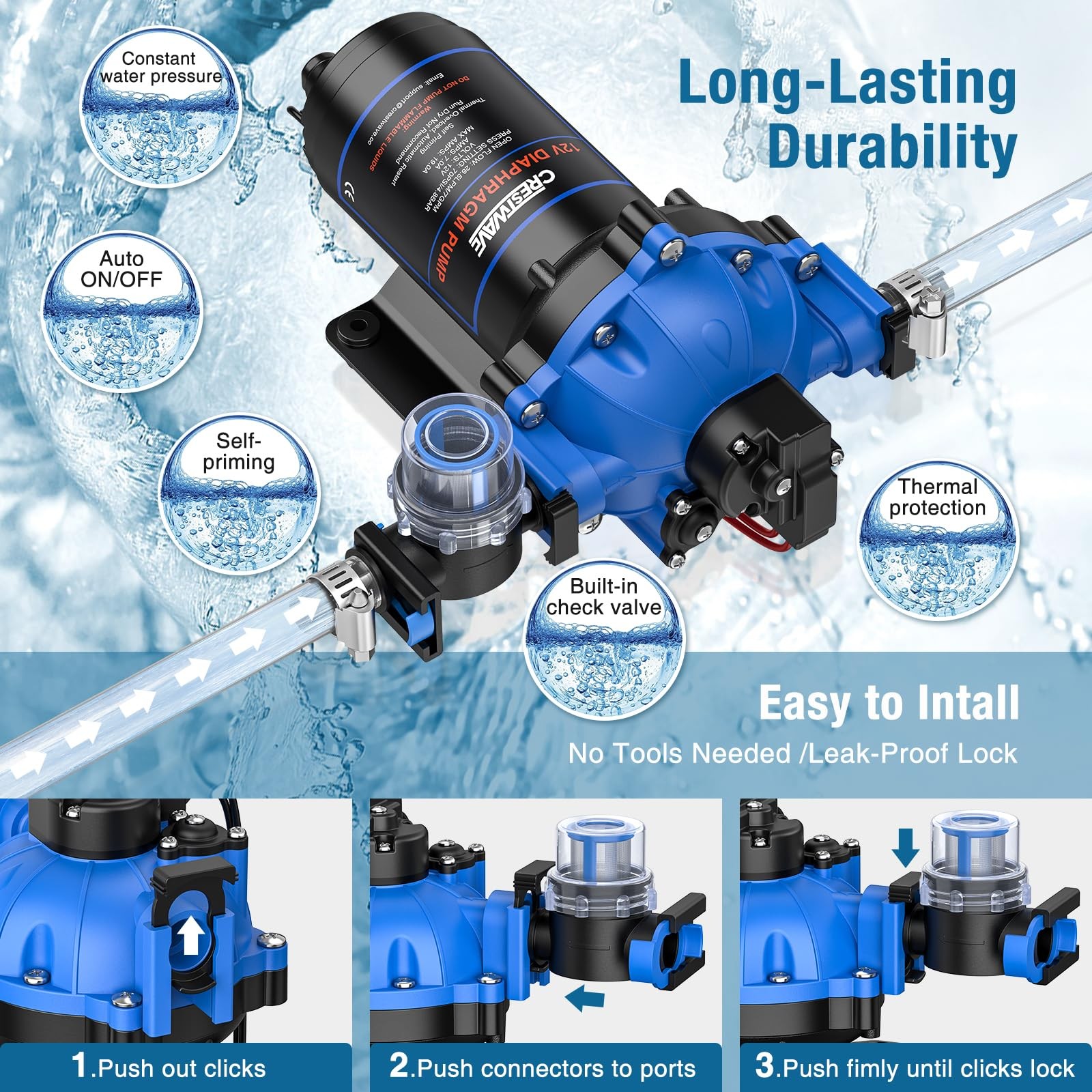 CrestWave 12V RV Water Pump, 7GPM 70PSI, with Quick Connect Ports, Blue