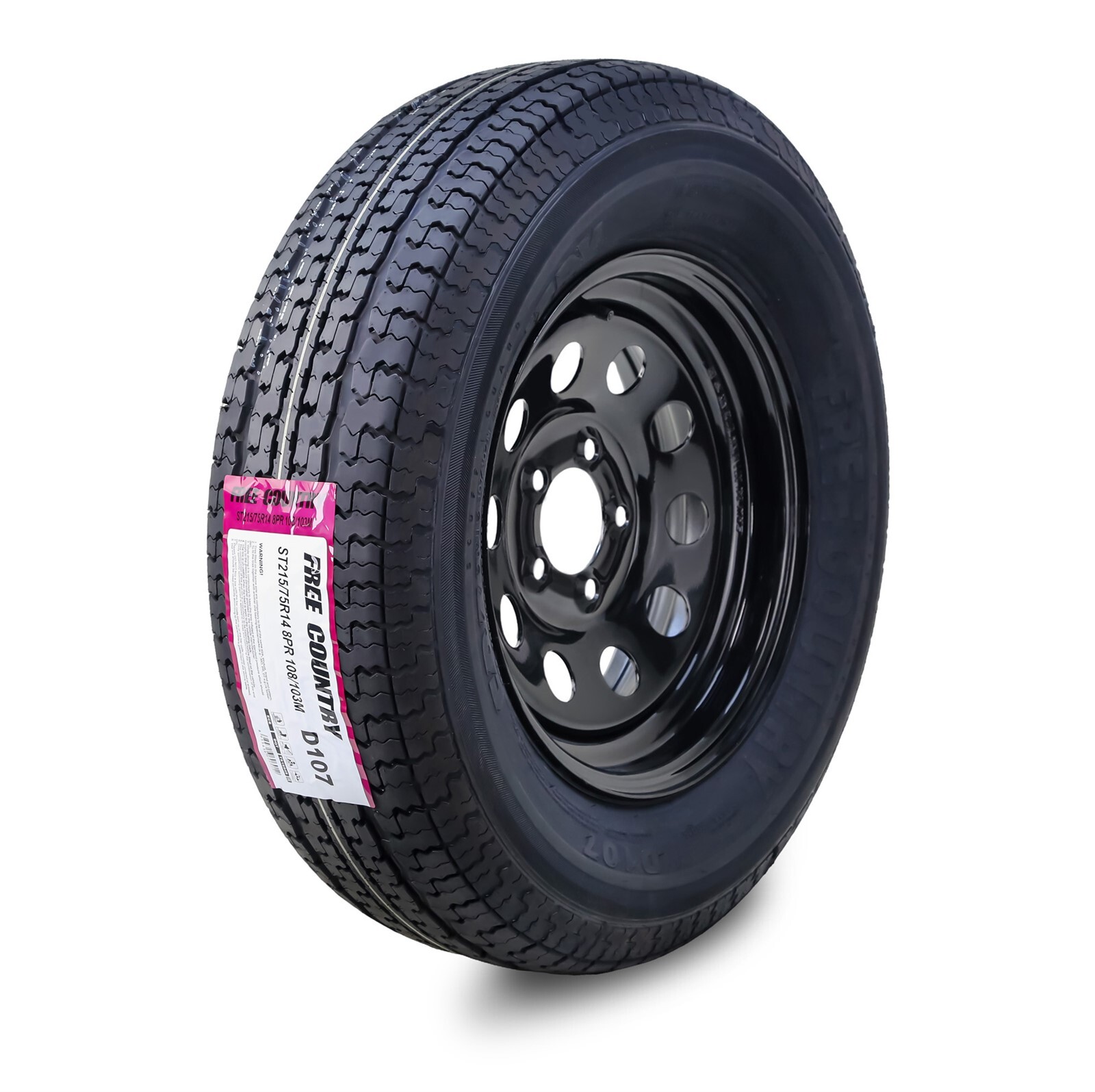 Free Country Trailer Tire Rim ST215/75R14 8-Ply D 107M 5 Lug x 4.5″ Black Mod