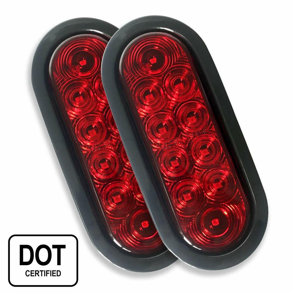 2 Red 6″ Oval Trailer Lights 10 LED Stop Turn Tail Truck Sealed w Grommet Plug