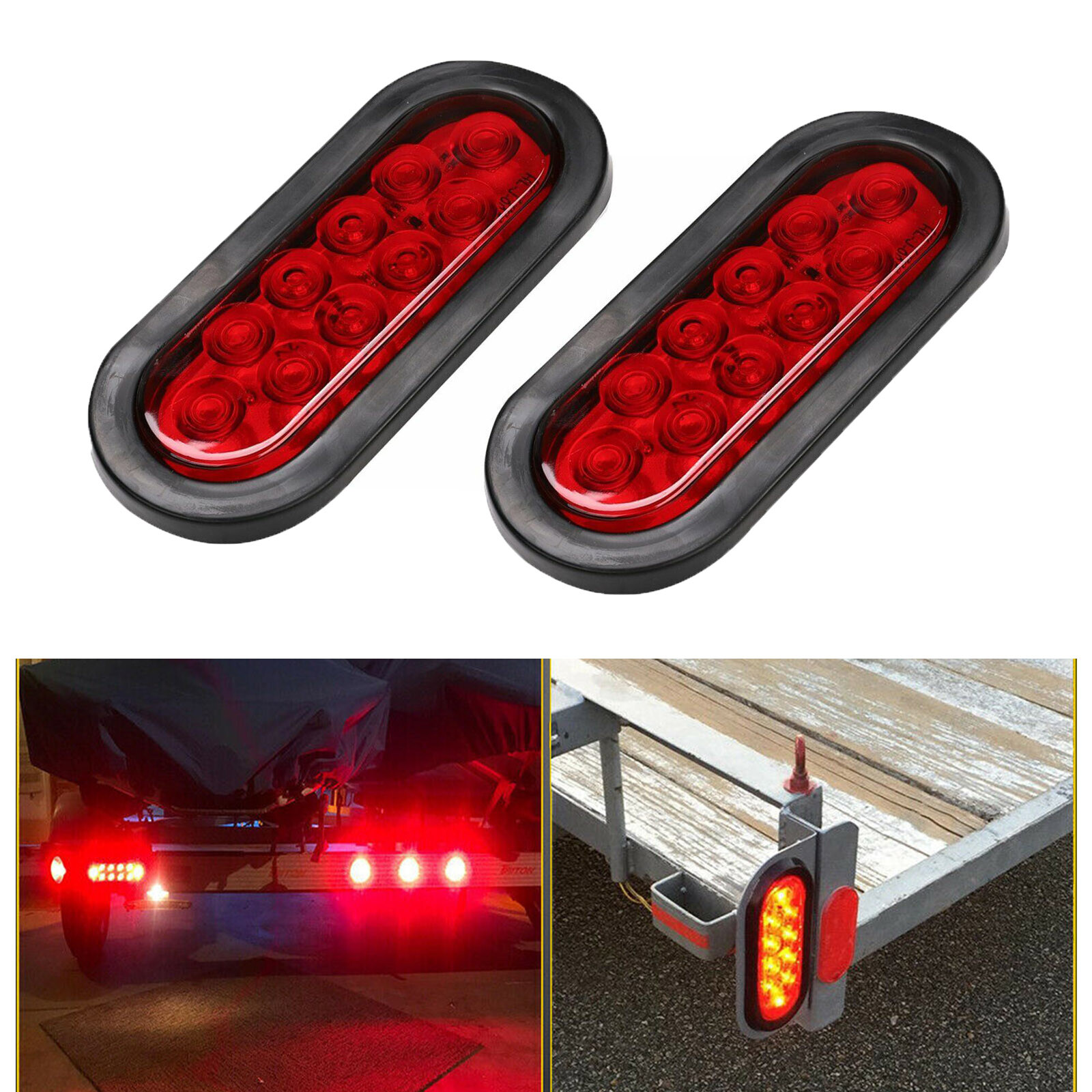 2 x Trailer Truck 10 LED Sealed RED 6″ Oval Stop/Turn/Tail Light Waterproof