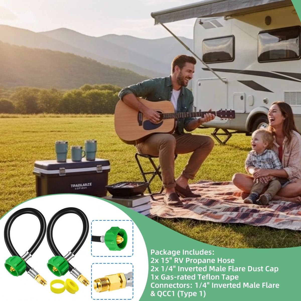 2 Pack 15″ RV Propane Hose QCC1 Type1 to 1/4″ Male Flare Camper BBQ Gas Line
