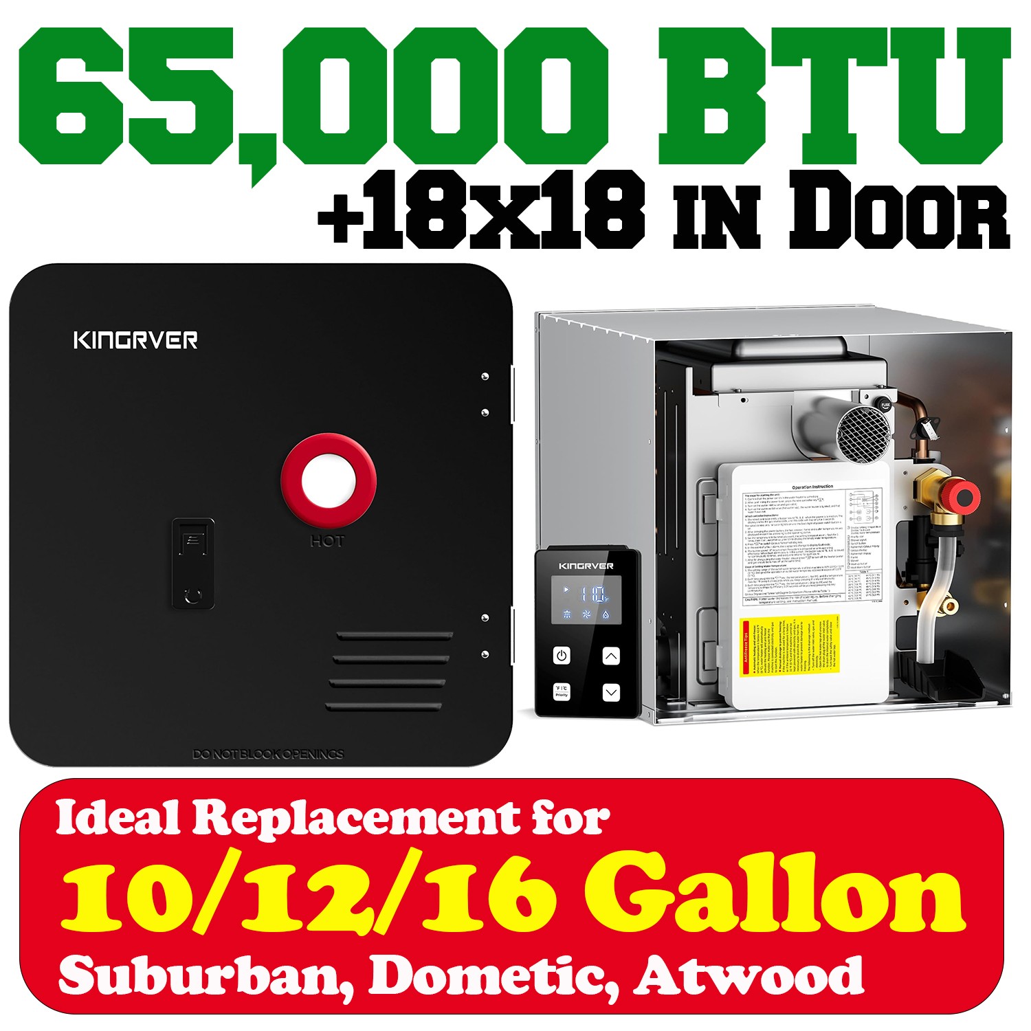 RV Tankless Water Heater Propane 3.8 GPM 65,000 BTU w/ 18×18 inch Black Door