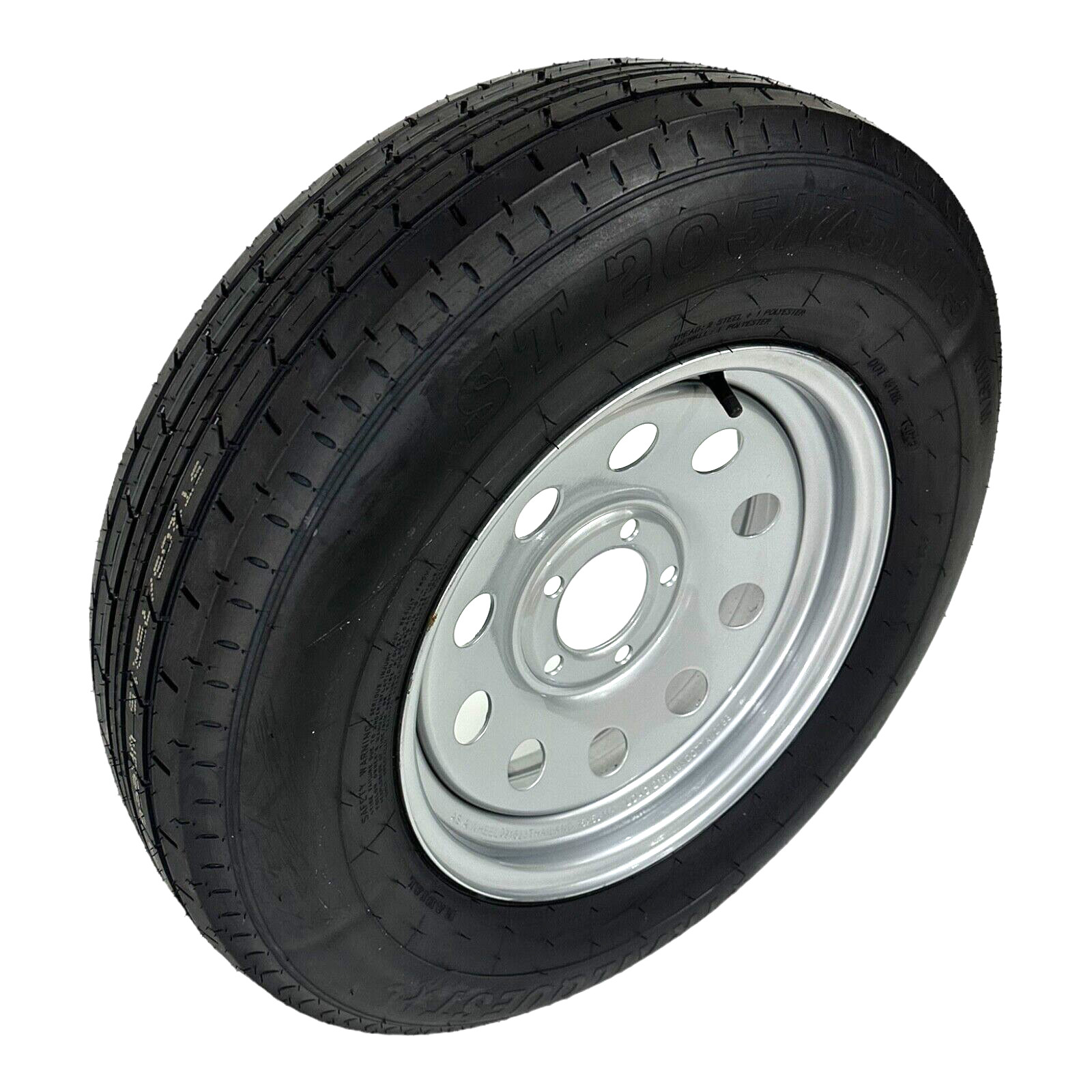 ST205/75R15 Radial Trailer Tire, Load C, Modular 5 lug , 5×4.75″ Silver Rim, New
