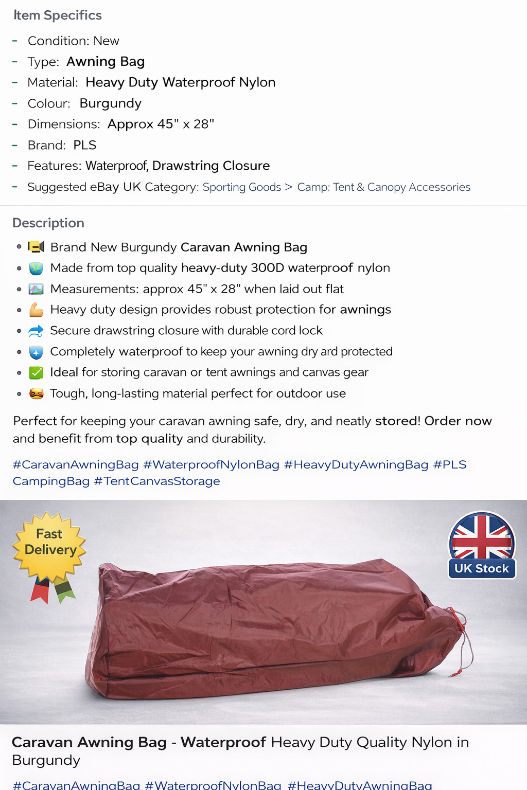 Caravan Awning Storage Bag Burgundy Waterproof Heavy Duty Nylon 45″x28″