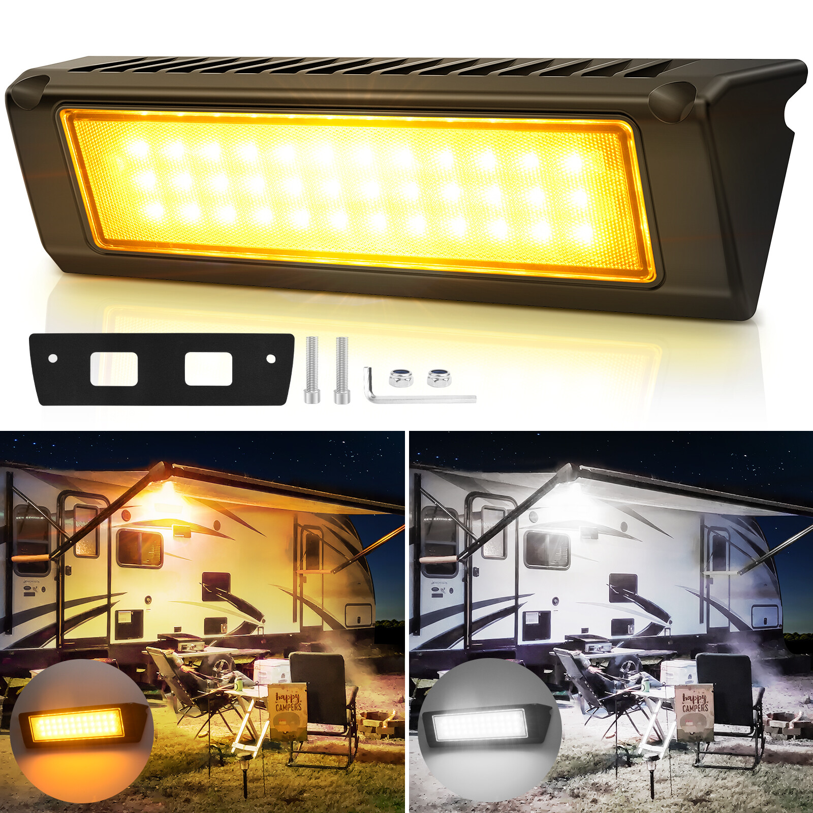 9″ Inch 2100LM Exterior RV Porch Light Yellow/White Led Utility Awning Light USA