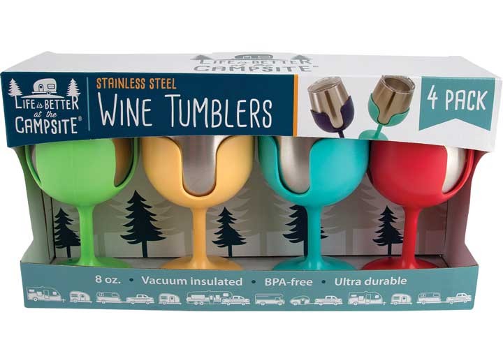 Camco 53068 Life Is Better At The Campsite Wine Tumbler 4-Pack, 8oz. (G/Y/B/P)