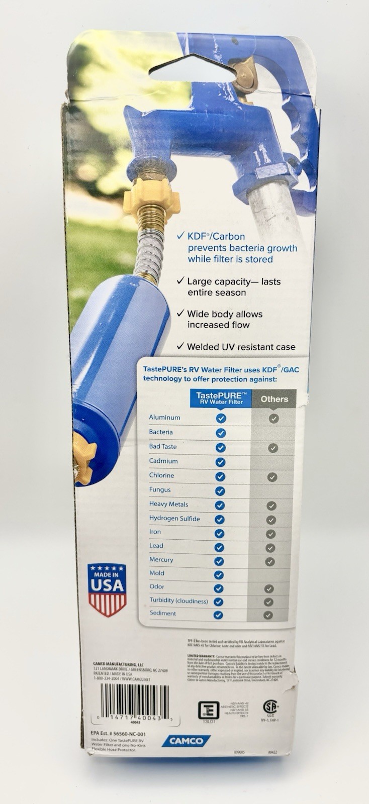Camco RV/Marine Water Filters 1 Pack Single Taste Pure KDF Carbon Fiber