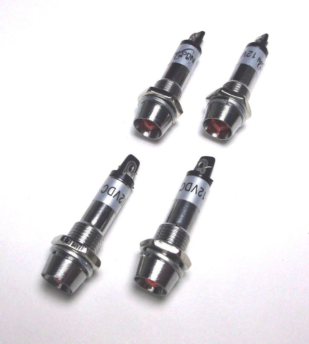 4 BBT 12 volt Red LED Indicator Lights in Chrome Metal Bezels
