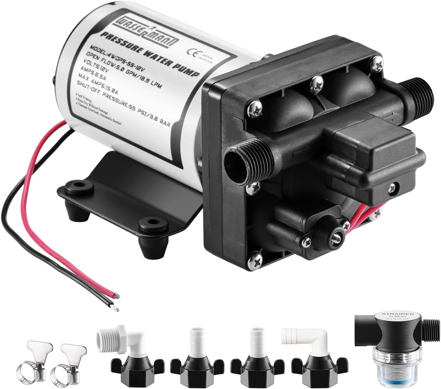 WASSERMANN RV Water Pump 12V DC, Self Priming Diaphragm 5.0 GPM 55 Plastic