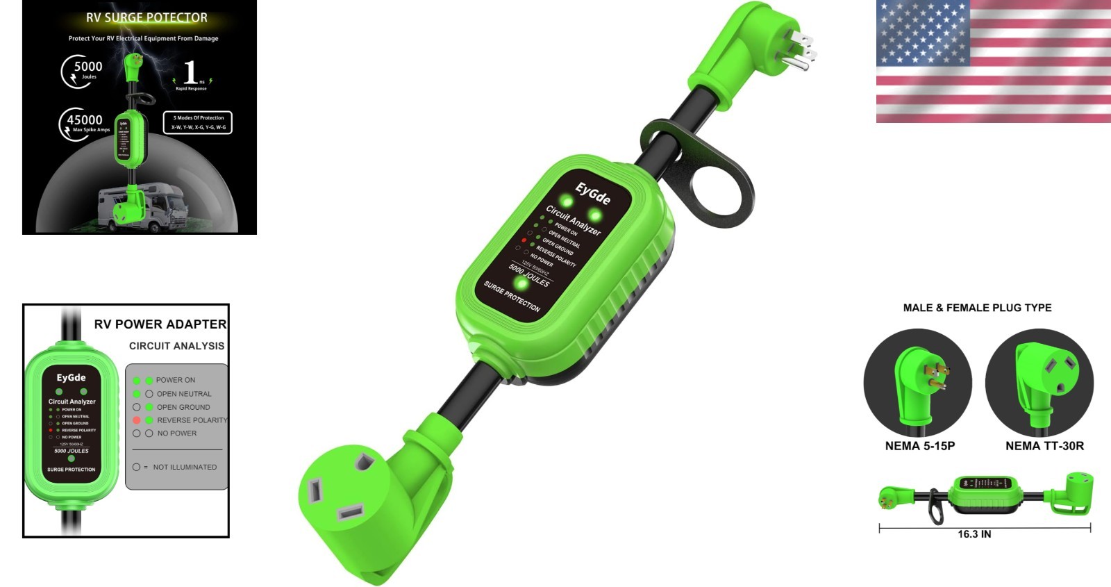 Patented 30A to 15A RV Adapter with Circuit Analyzer and 5000 Joules Protection