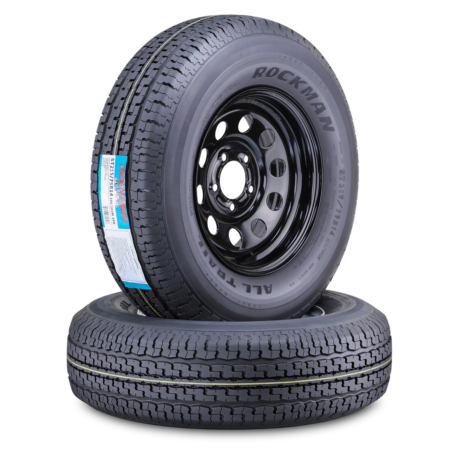2 ROCKMAN Trailer Tire Wheel ST205/75R15 10-Ply E HD 2400lbs w/5×5 Black Mod Rim