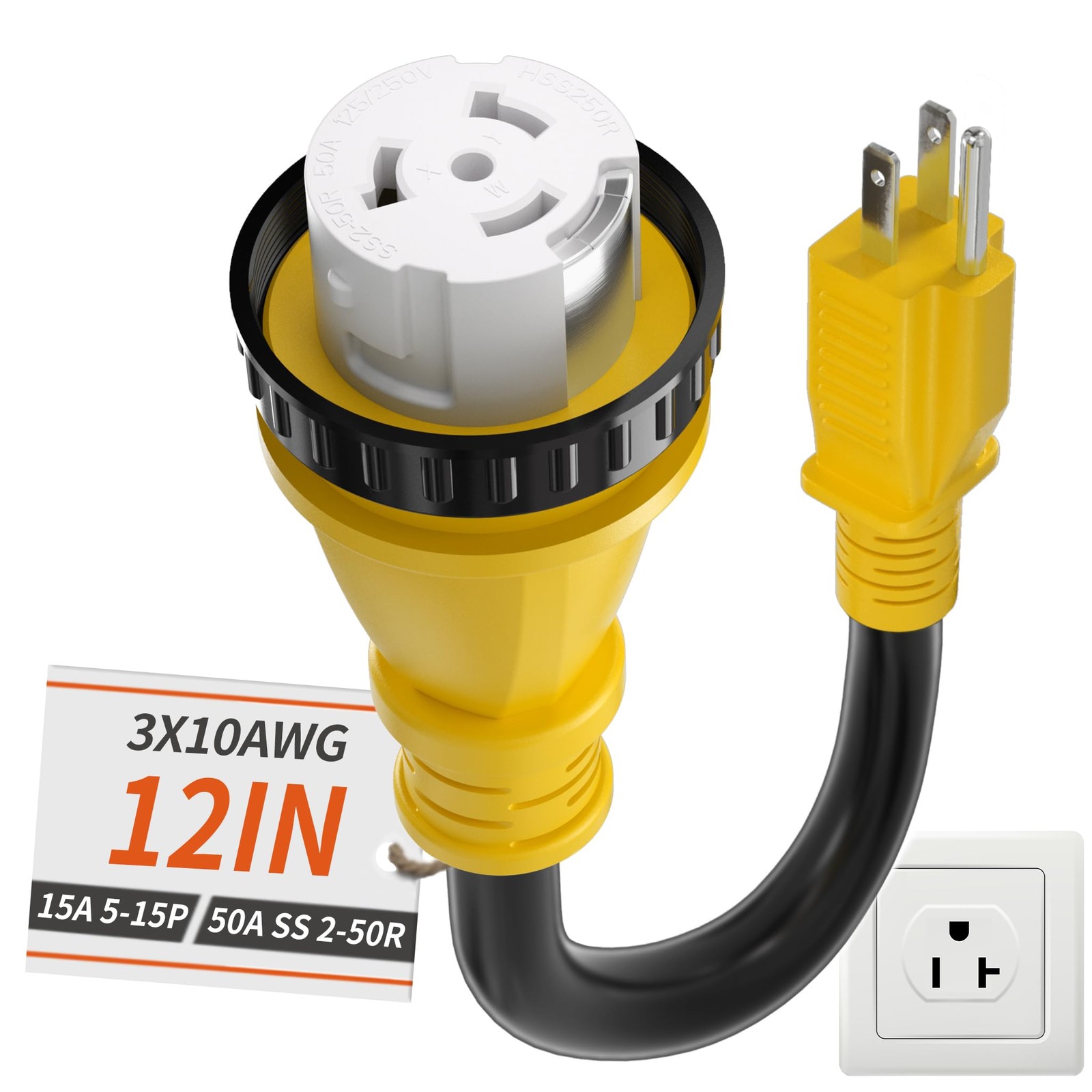 50 Amp to 15 Amp 110V RV Adapter Plug Twist Lock Dogbone NEMA 5 15P Yellow