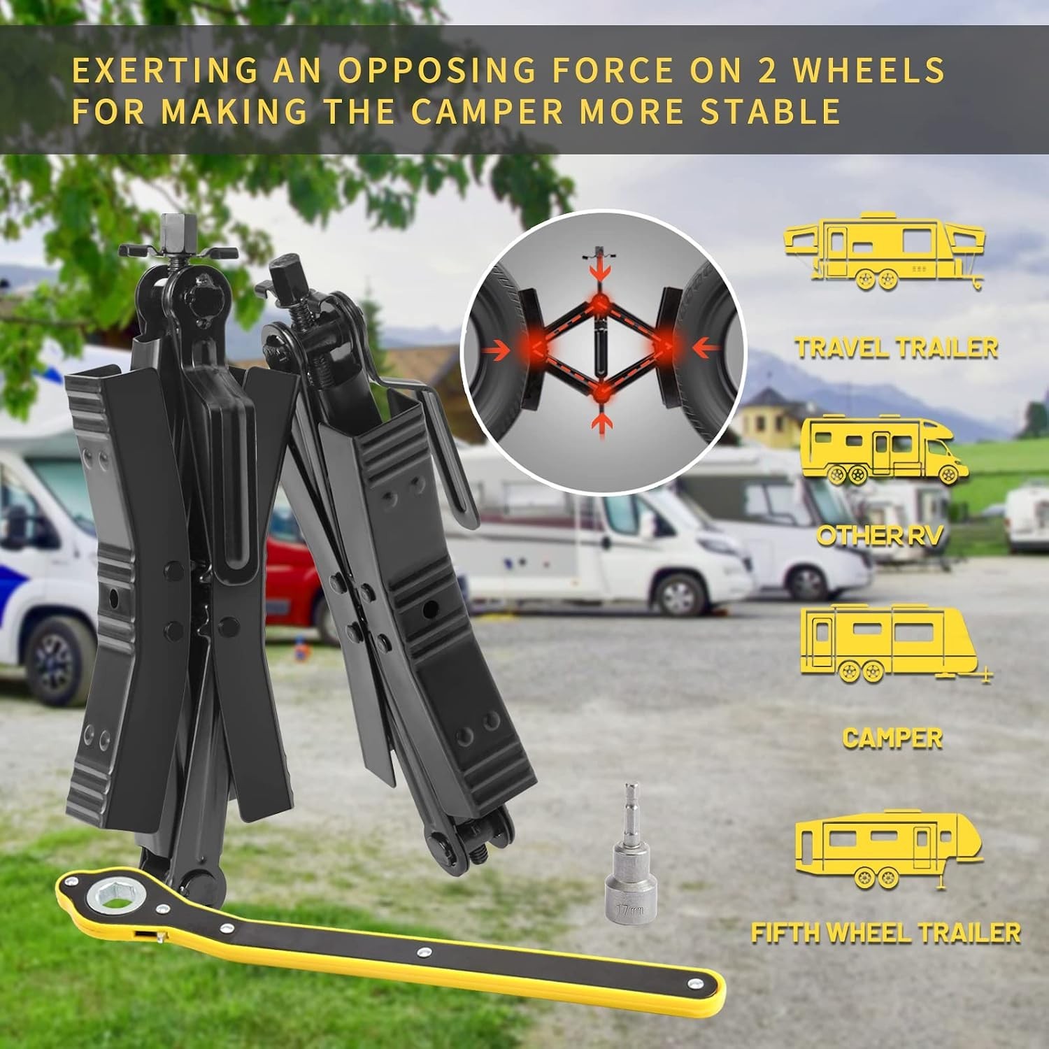 Compact & Lightweight Wheel Chock Stabilizer Set for Travel Trailers & Trucks