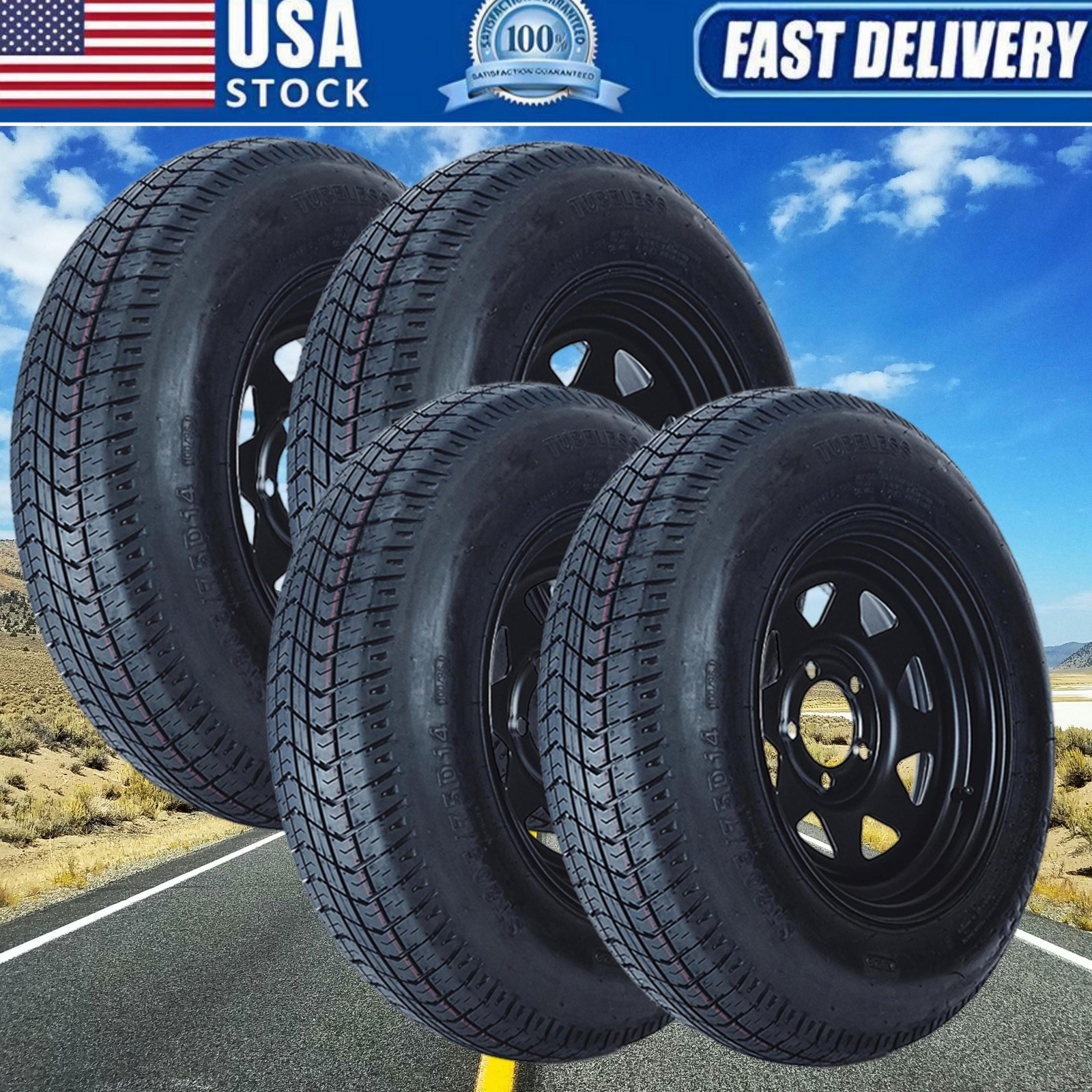 4 SET ST205/75D14 205 75 14 Trailer Tires and Wheels with 14″ Black Rim 6PR LRC