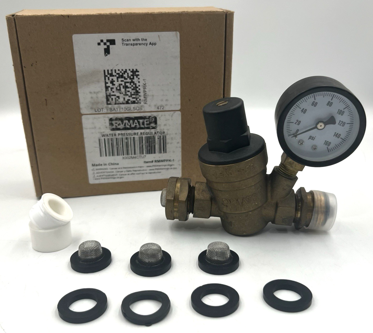 RVMATE RMWPPK-1 RV Water Pressure Regulator Adjustable Brass Lead Free Valve Box