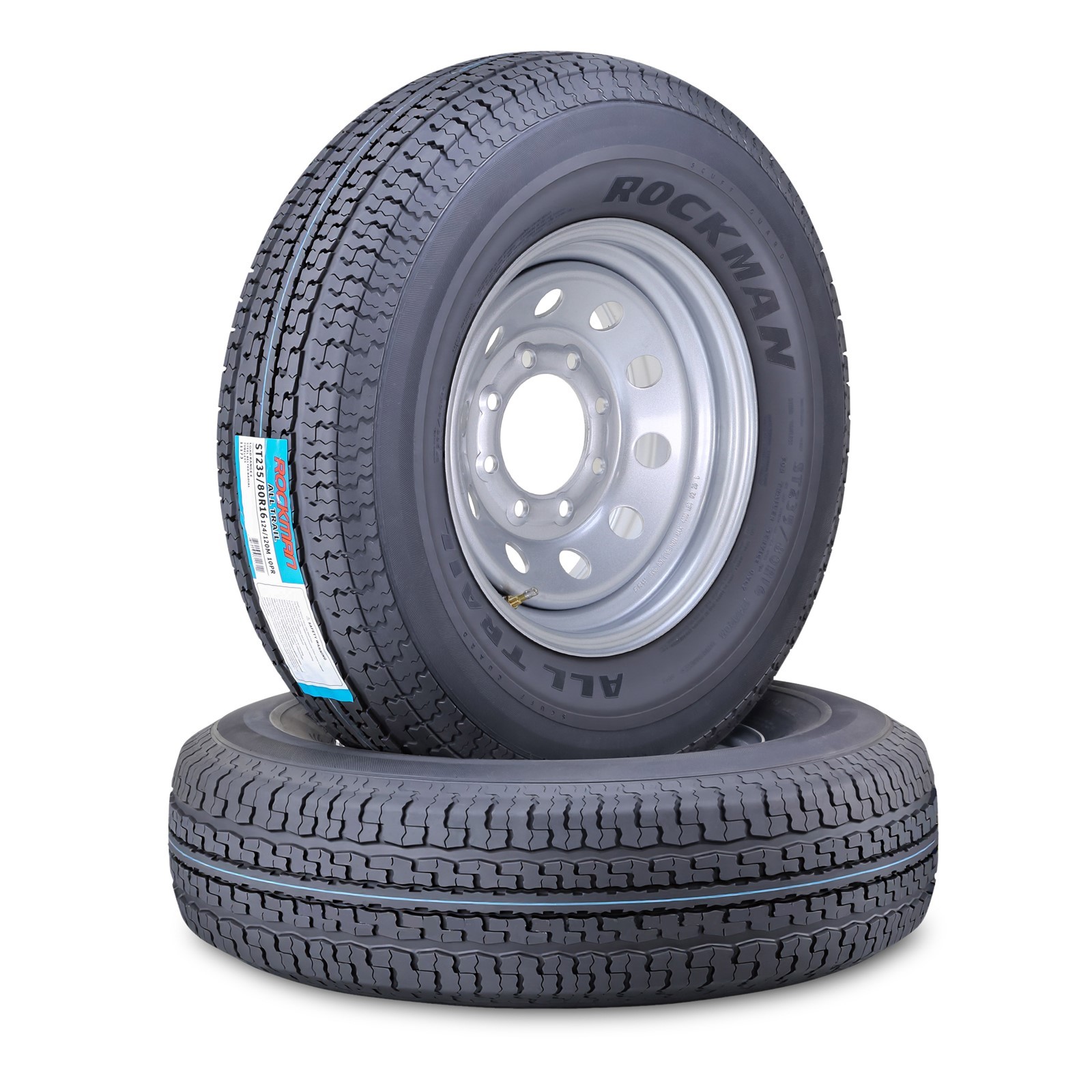 2 ROCKMAN Trailer Tire Wheel ST235/80R16 10-Ply E 124M 8×6.5 PCD Silver Mod Rim