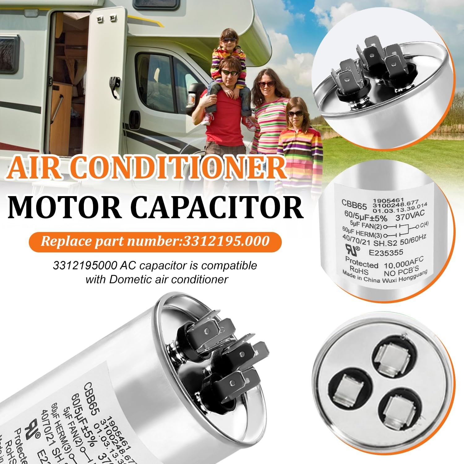 Fits for Dometic 3312195.000 Air Conditioner RV AC Motor Capacitor 60/5 MFD, …