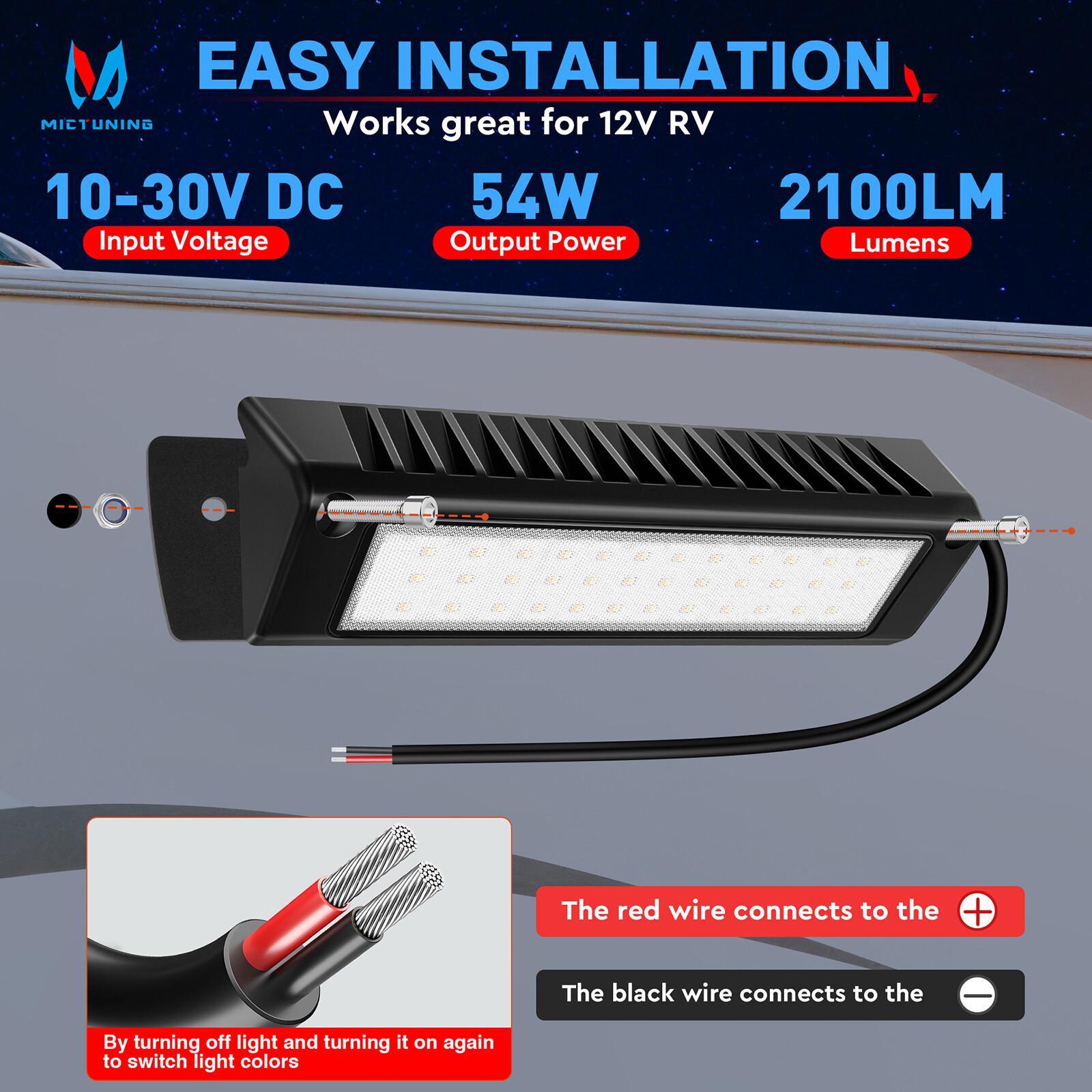 54W 9 Inch RV Porch Lights – Dual Color Exterior Light LED Aluminum Lamp 12V/24V