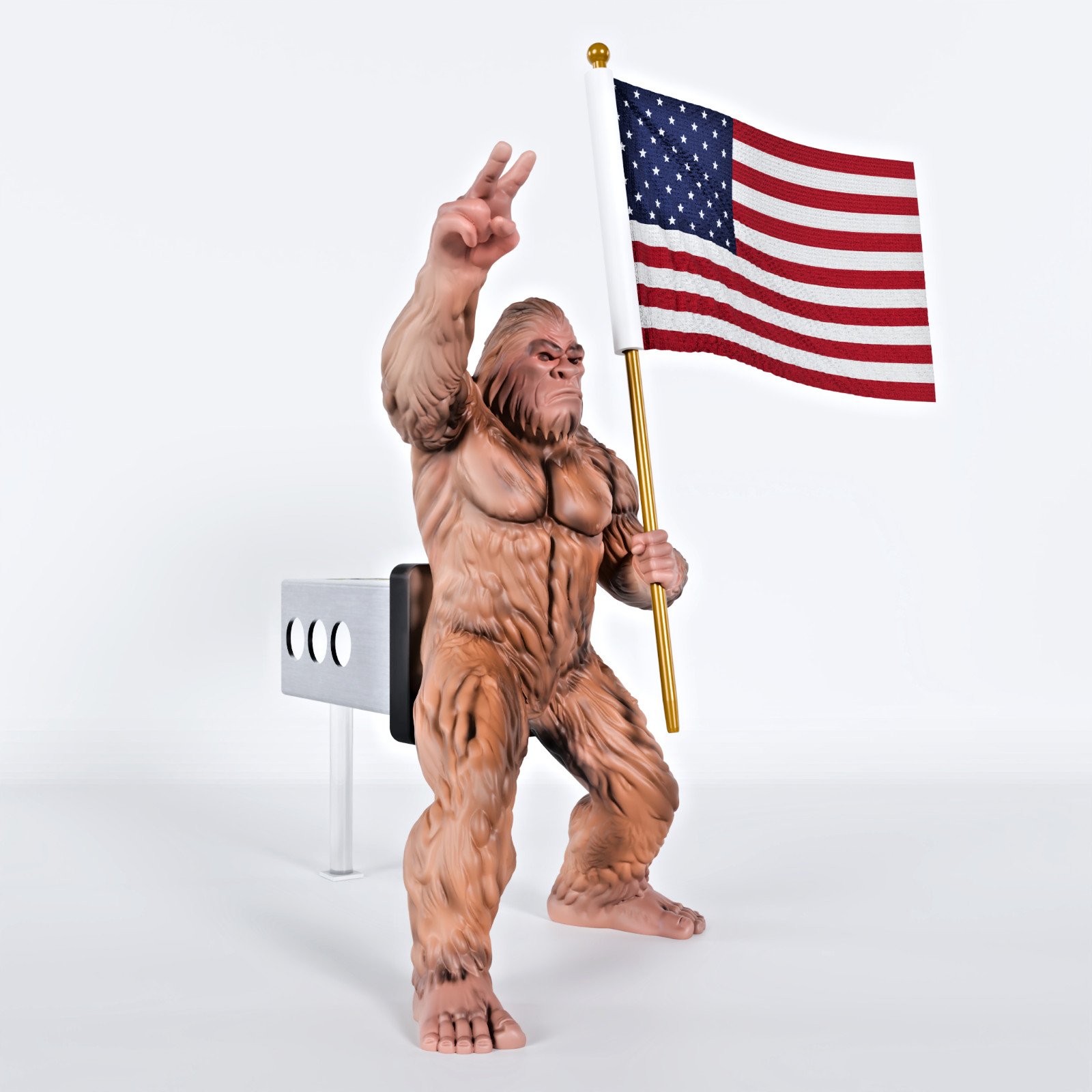 Bigfoot Peace Sign Hitch Cover with Real Waving American Flag