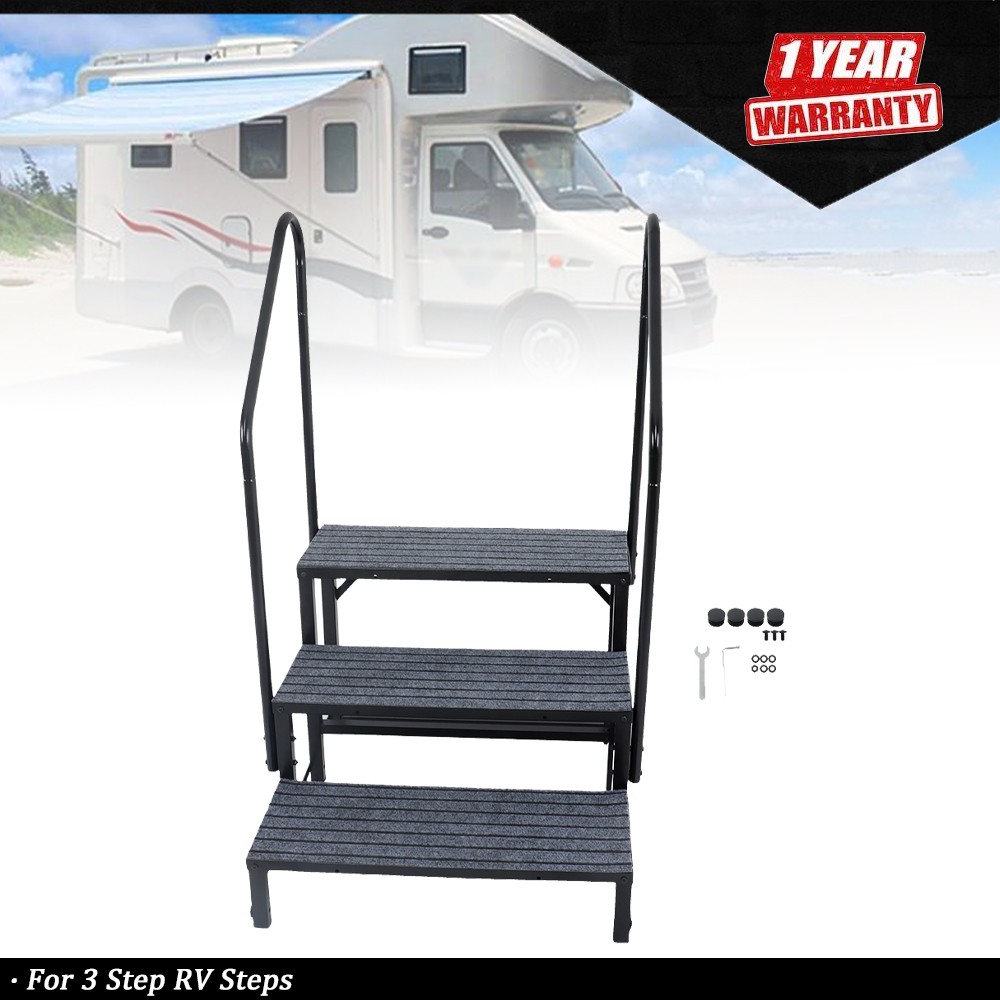 Upgraded 3 Tier Heavy Duty Steel Mobile Home Step RV Steps with 2 Handrail+Mat
