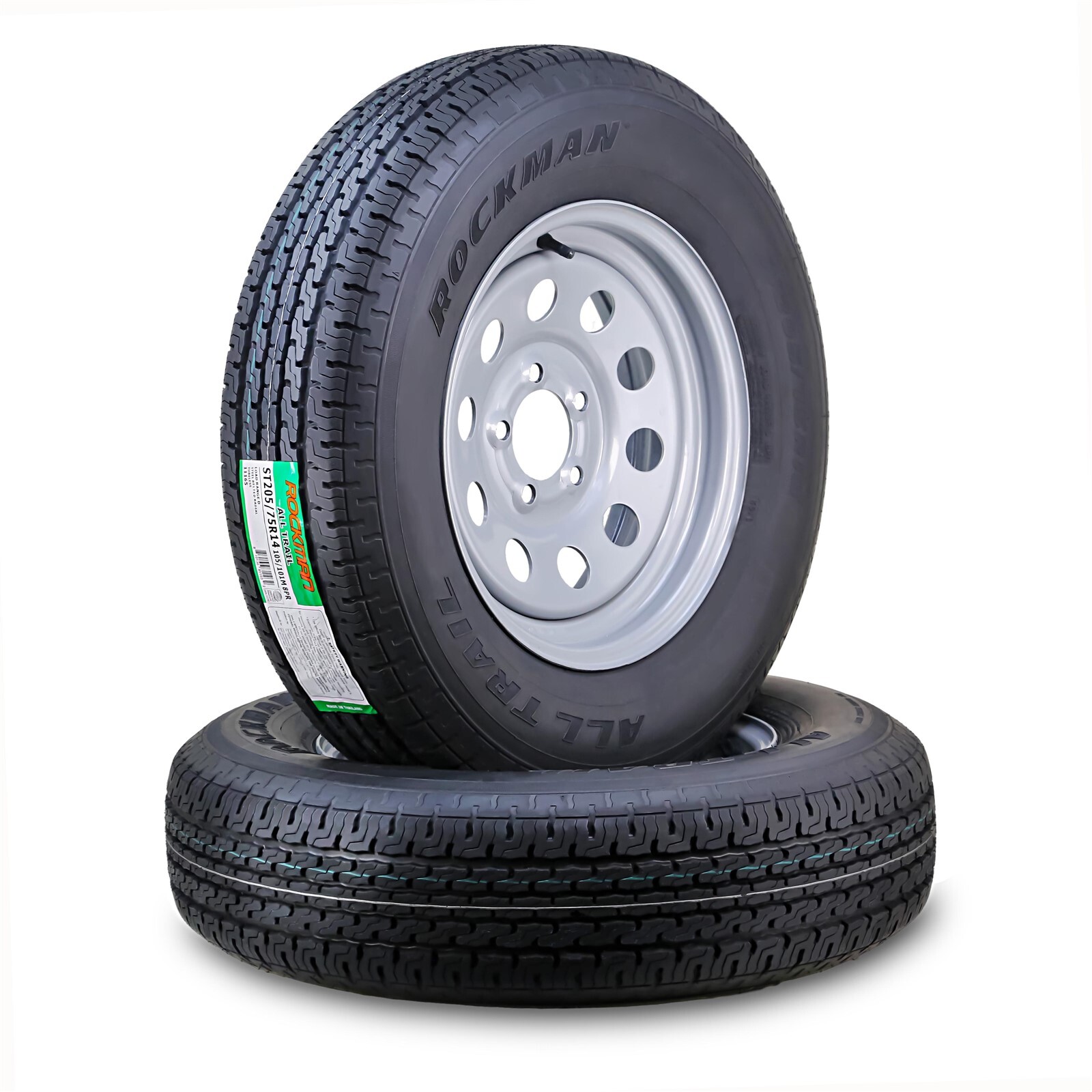 2 ROCKMAN Trailer Tire Rim ST205/75R14 8-Ply D 105M 5 Lug on 4.5″ Silver Mod