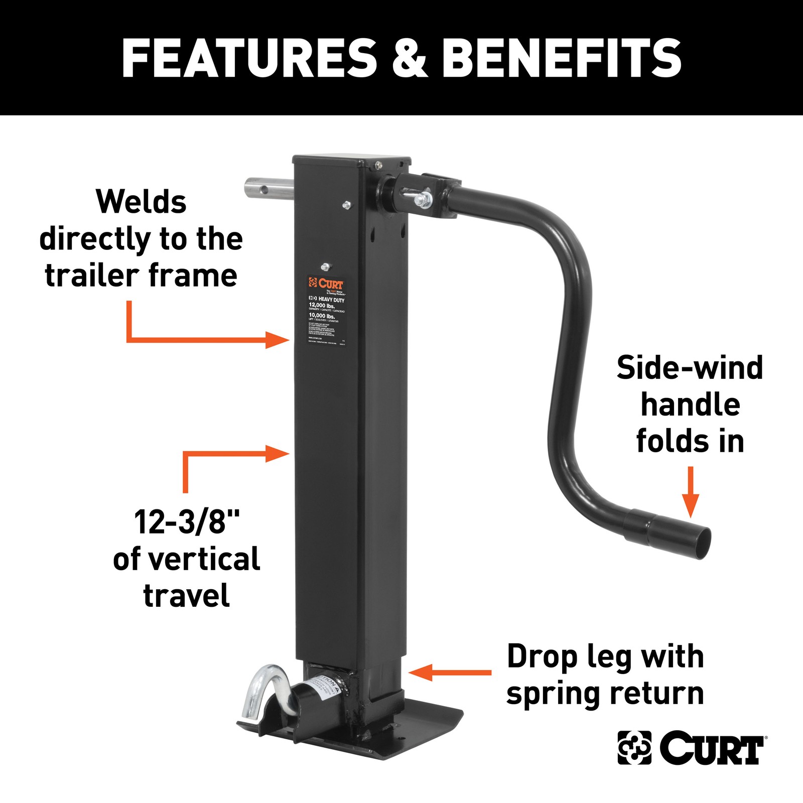 Direct-Weld Square Trailer Jack w/ Side Handle 12K lbs, 12.5″ Travel 28512 CURT