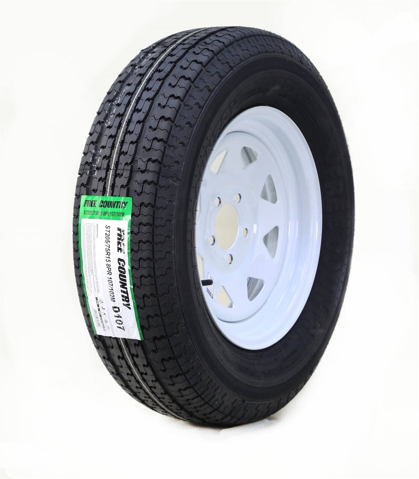 Free Country Trailer Tire Rim ST205/75R15 8-Ply D 107M 5 Lug x 4.5″ White Spoke