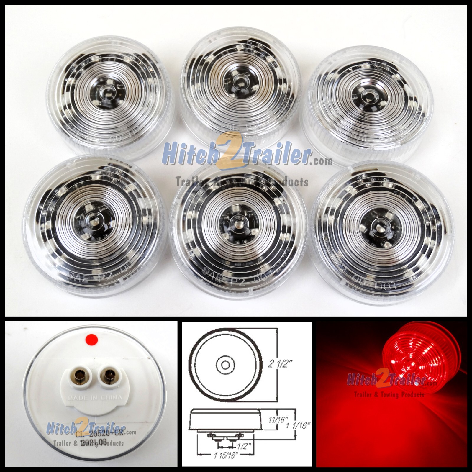 (6) CLEAR LENS / RED 12 LED Trailer 2-1/2″ Clearance marker 2.5″ lights only