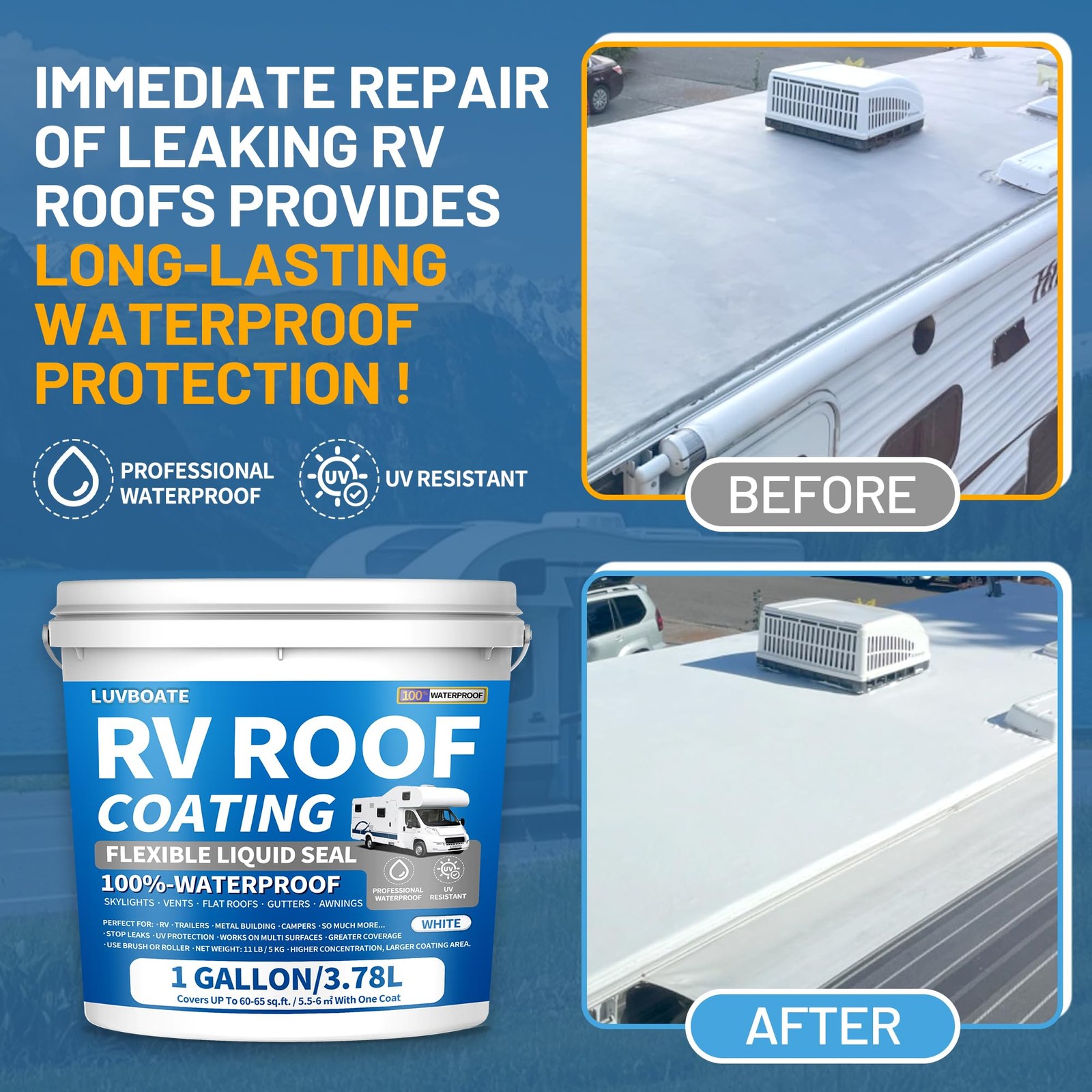RV Roof Sealant White 1 Gallon, RV Roof Coating Solar Reflective Flexible | Leak