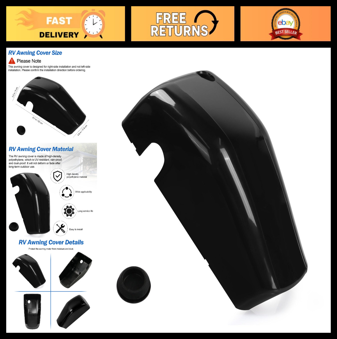 RV Awning Motor Cover for Solera & Lippert, 643922 End Cap, Black Replacement Pa