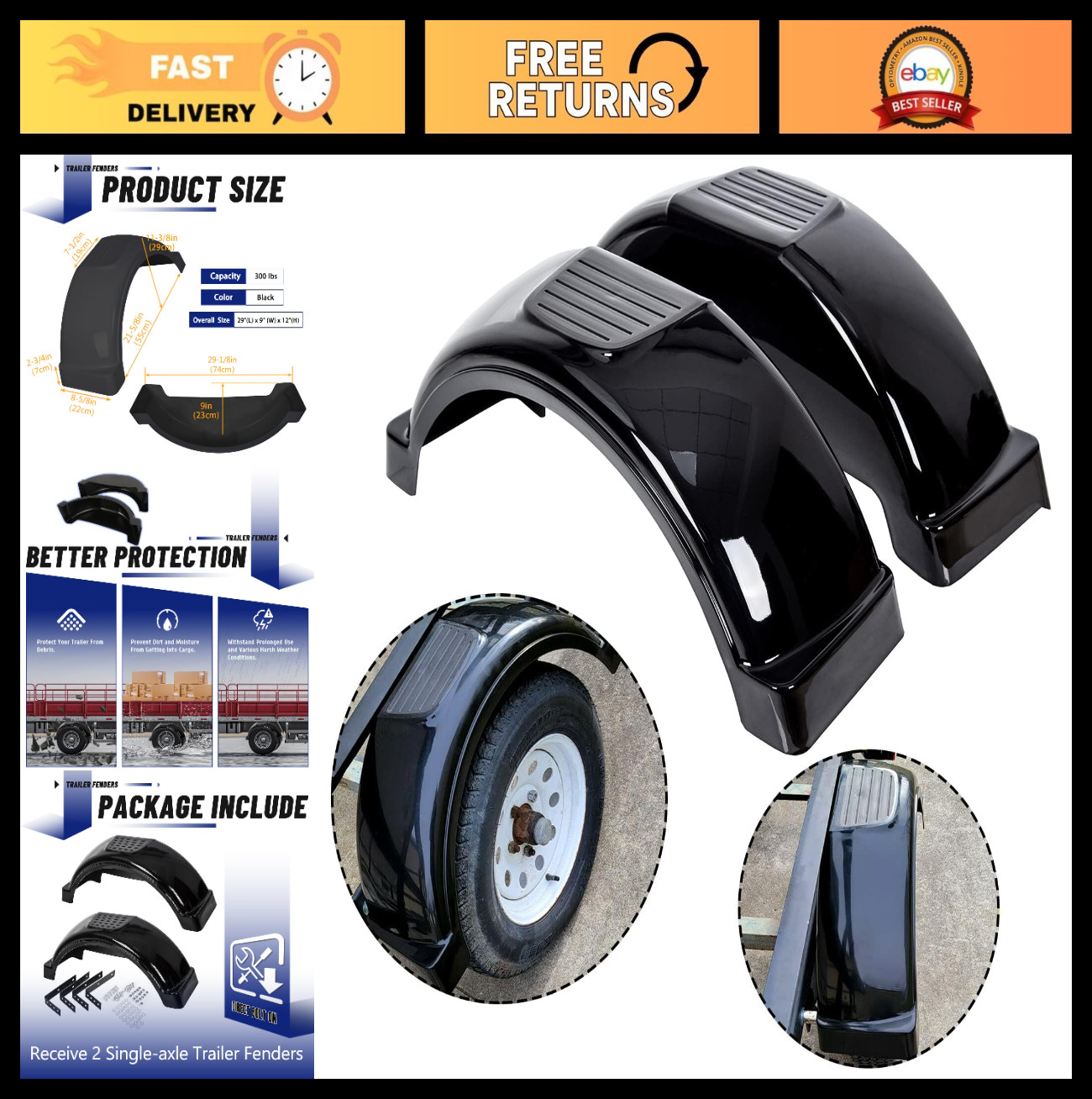 2 Pcs Black Trailer Fenders with Steps for 13″ Wheels – Durable Plastic, Single-