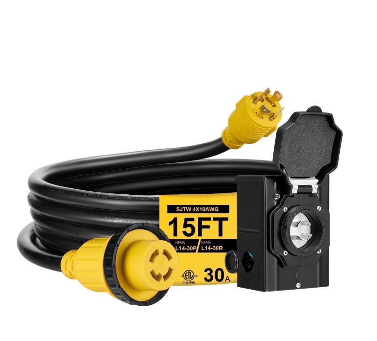 RV Camper 30 Amp 15FT Short Extension Cord with Inlet Box L14-30P to L14-30R