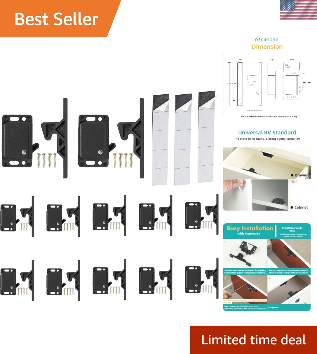 Durable 12 Pack RV Cabinet Door Latches with 10 LBS Pull Force & Mounting Screws