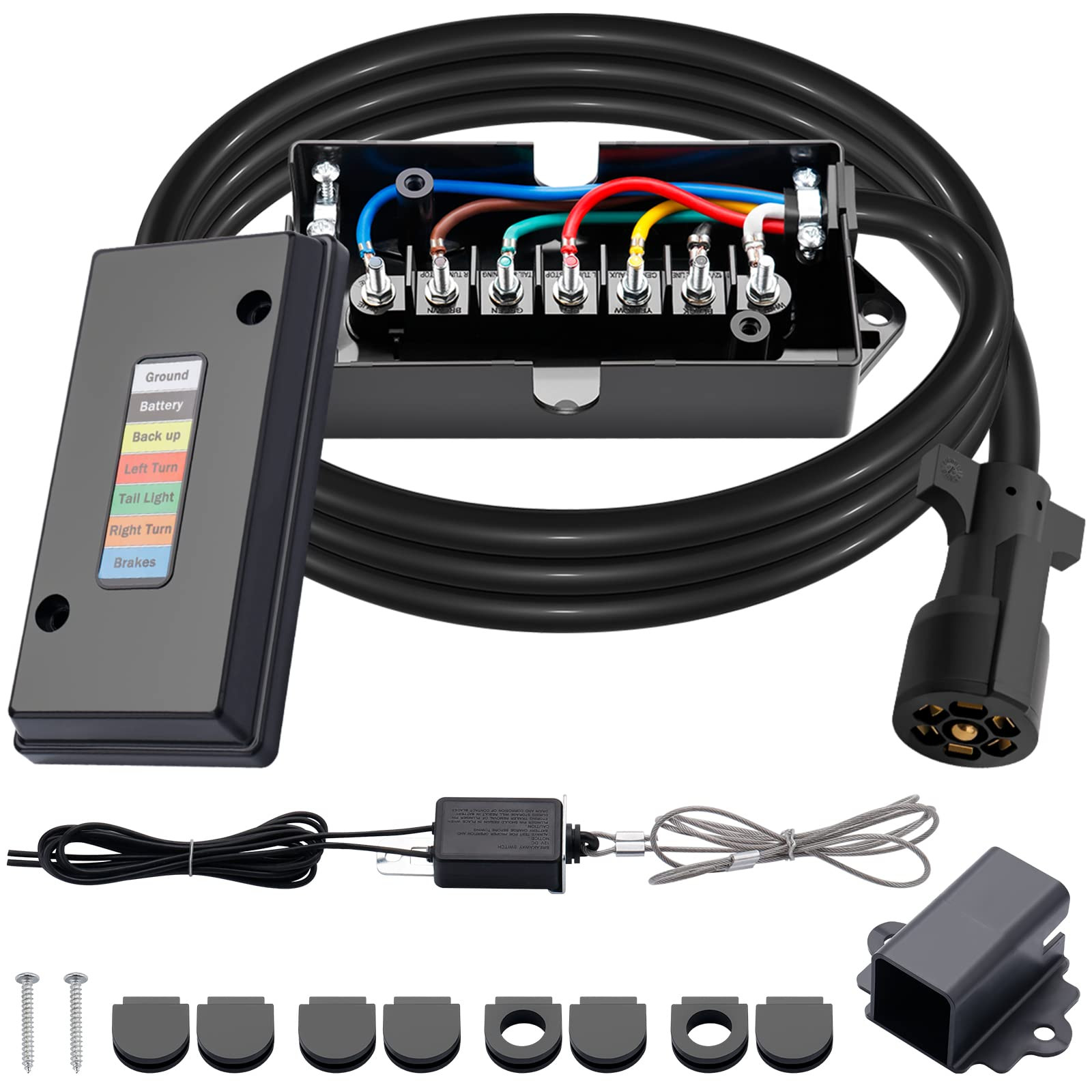 7 Way Trailer Cord and 7 Gang Junction Box Kit with 12V Breakaway Switch