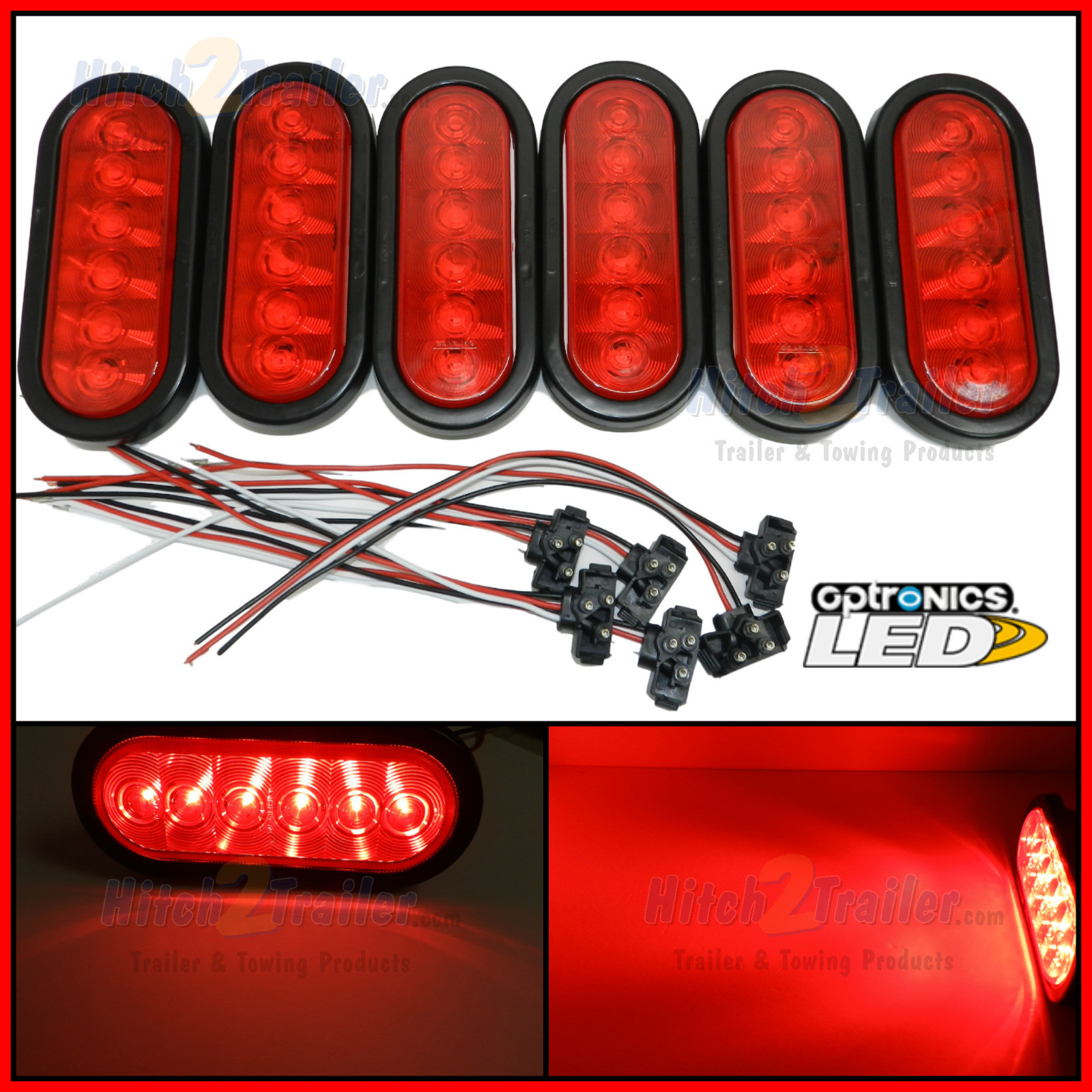 (6) 6″ Oval Red LED Stop/Turn/Tail Light grommet trailer truck submersible Fleet
