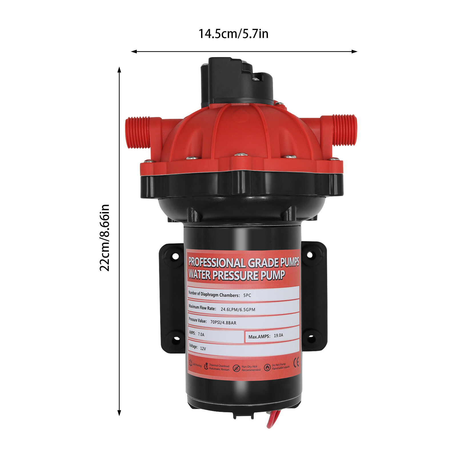 12V RV Water Pump 6.5GPM 70PSI 5-Chamber Diaphragm Pump Self-Priming Pump Boat