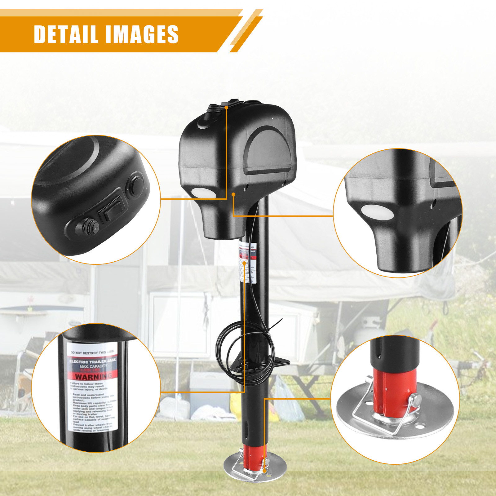 Electric Trailer Jack Black 5000 lb. Capacity 18″ Stroke RV Tongue Jack w/ LEDs